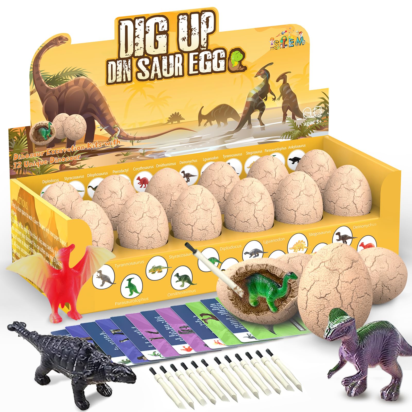 Dinosaur Toys Dig Kit, Excavate 12 Dinosaur Eggs & Discover 12 Unique Dinosaurs, Dig Up Fossil Dino Eggs, Archaeology STEM Educational Science Toys, Birthday Party Easter Gift for Boys Girls Ages 4-12
