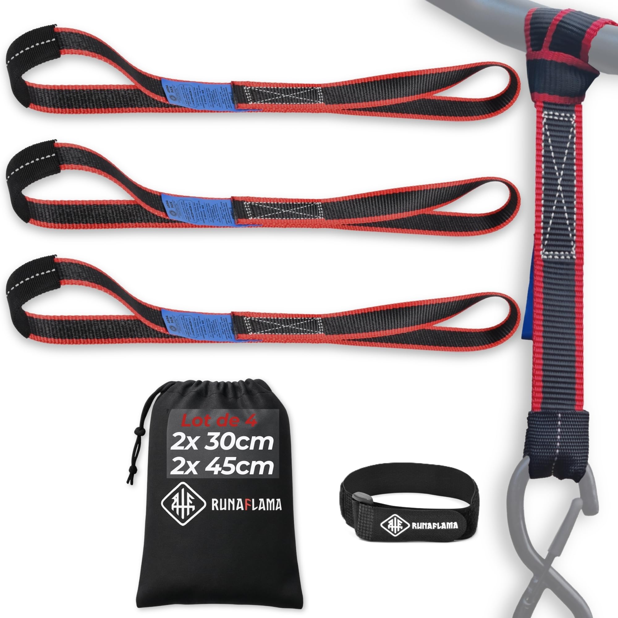 Sangles d'Arrimage Moto Remorque - Petite Sangle Moto pour Guidon, Cadre, Anneau Arrimage - Résistance 2400 kgf - Lot de 4 (2 x 30 cm + 2 x 45 cm) Noir avec Sac + Bande Auto-Agrippante