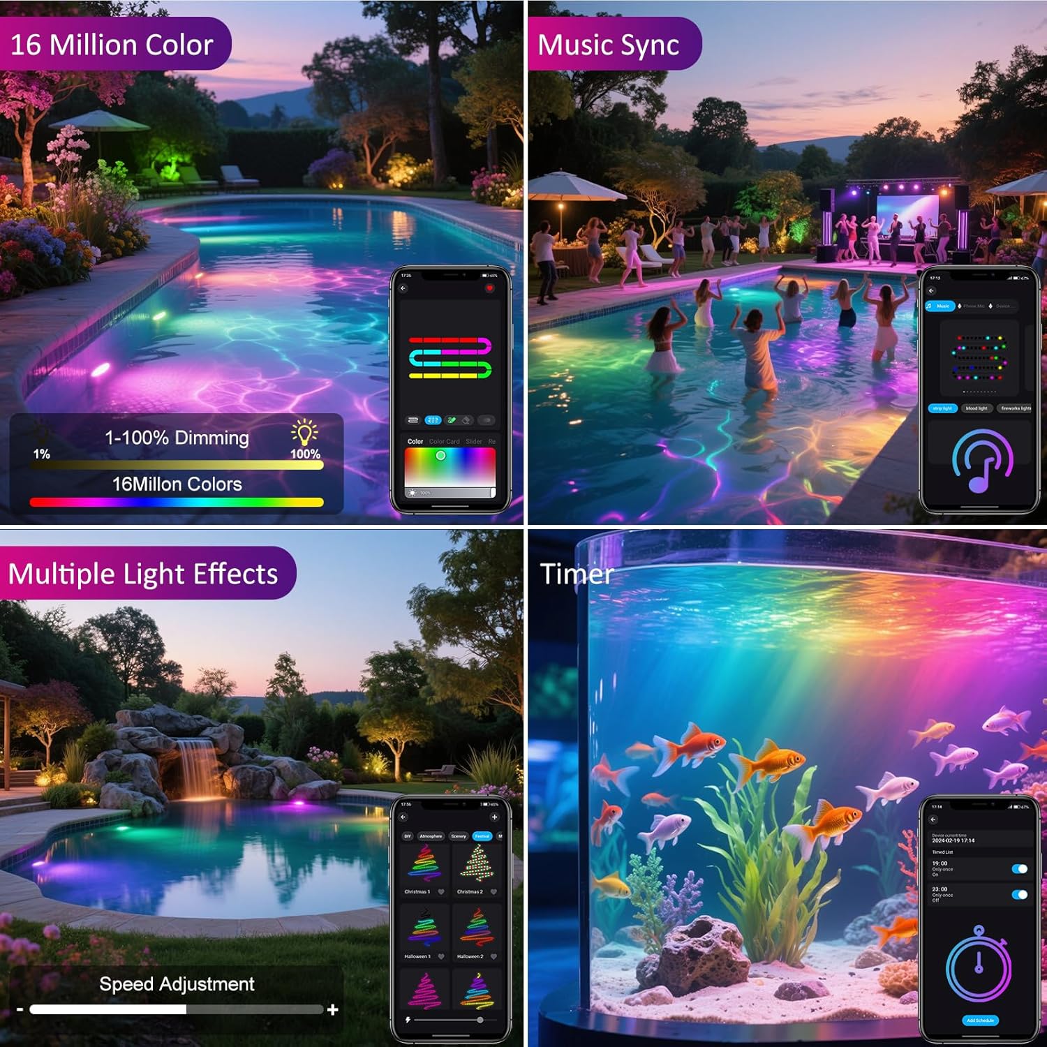 T-SUN Color Changing Pond Lights LED Underwater Fountain Lights with Bluetooth APP Control, IP68 Waterproof Submersible Spotlight for Aquariums, Fish Tanks, Pools, Garden and Yard Ponds (Set of 6)