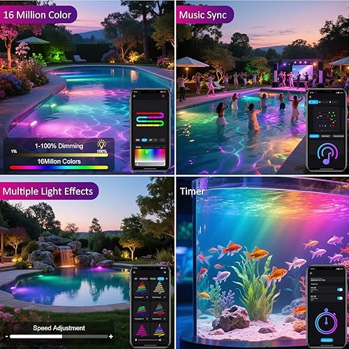 Miniatura 3 de T-SUN Luces LED de estanque cambian de color, luces LED subacuáticas con control de aplicación Bluetooth, IP68 impermeable sumergible para acuarios,