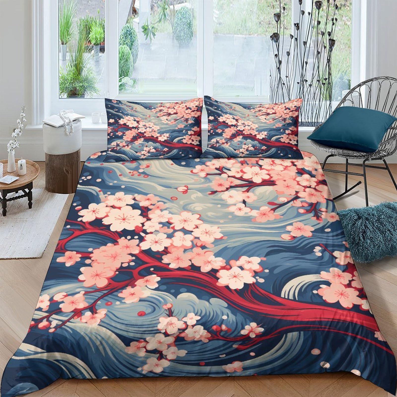 Ctjqhvkz Style-4 3D Printed Sakura Blossom Fitted Sheet Microfiber Soft Blue Wave Mattress Cover For Bedroom Dorm Guest Room Decor Single（135X200cm）