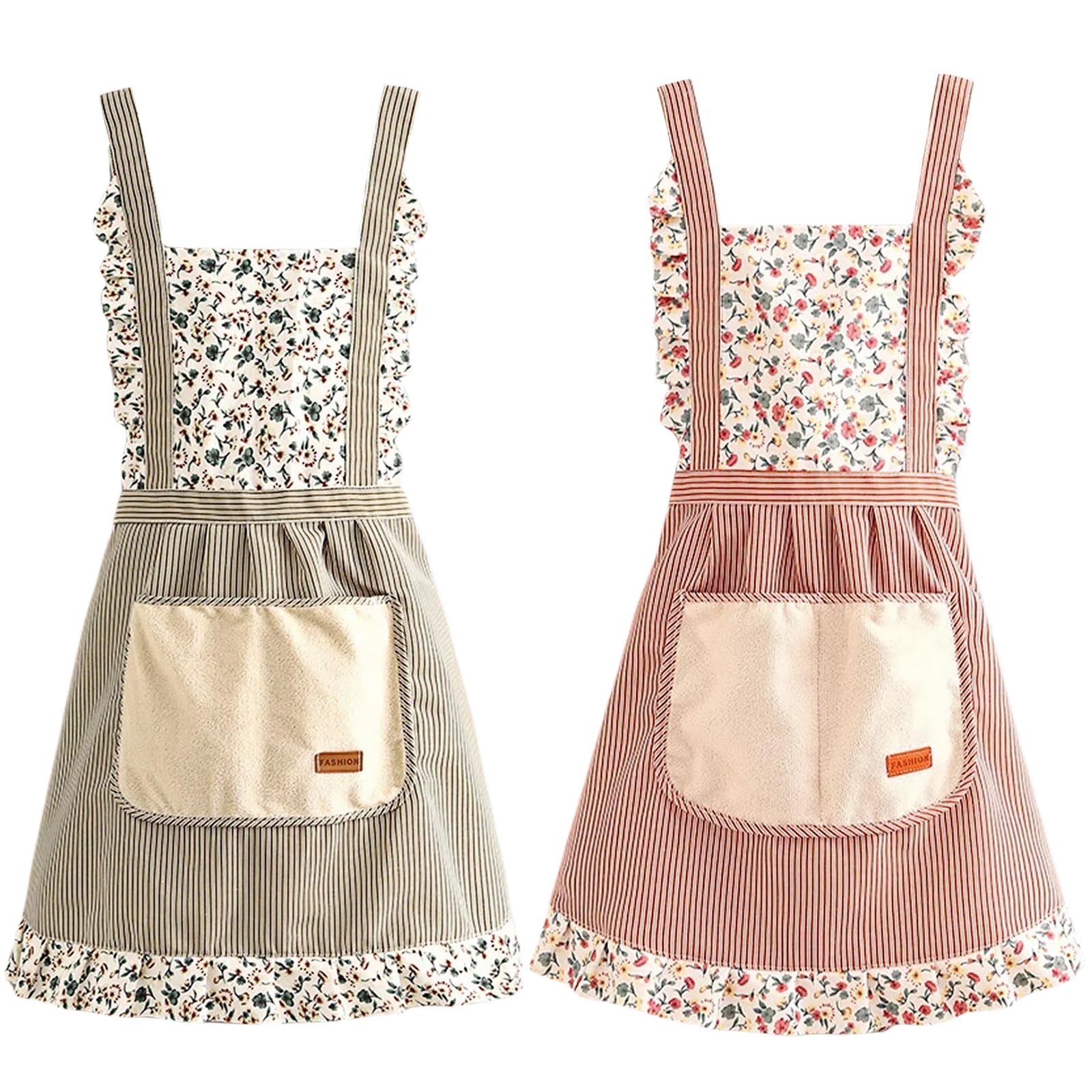 Hwtcjx Chef's Apron, 2 Pieces Women's Kitchen Apron, Adjustable Aprons with 2 Pockets, Restaurant Aprons BBQ Bar Chef Kitchen, Unisex, Floral (Green, Coffee)
