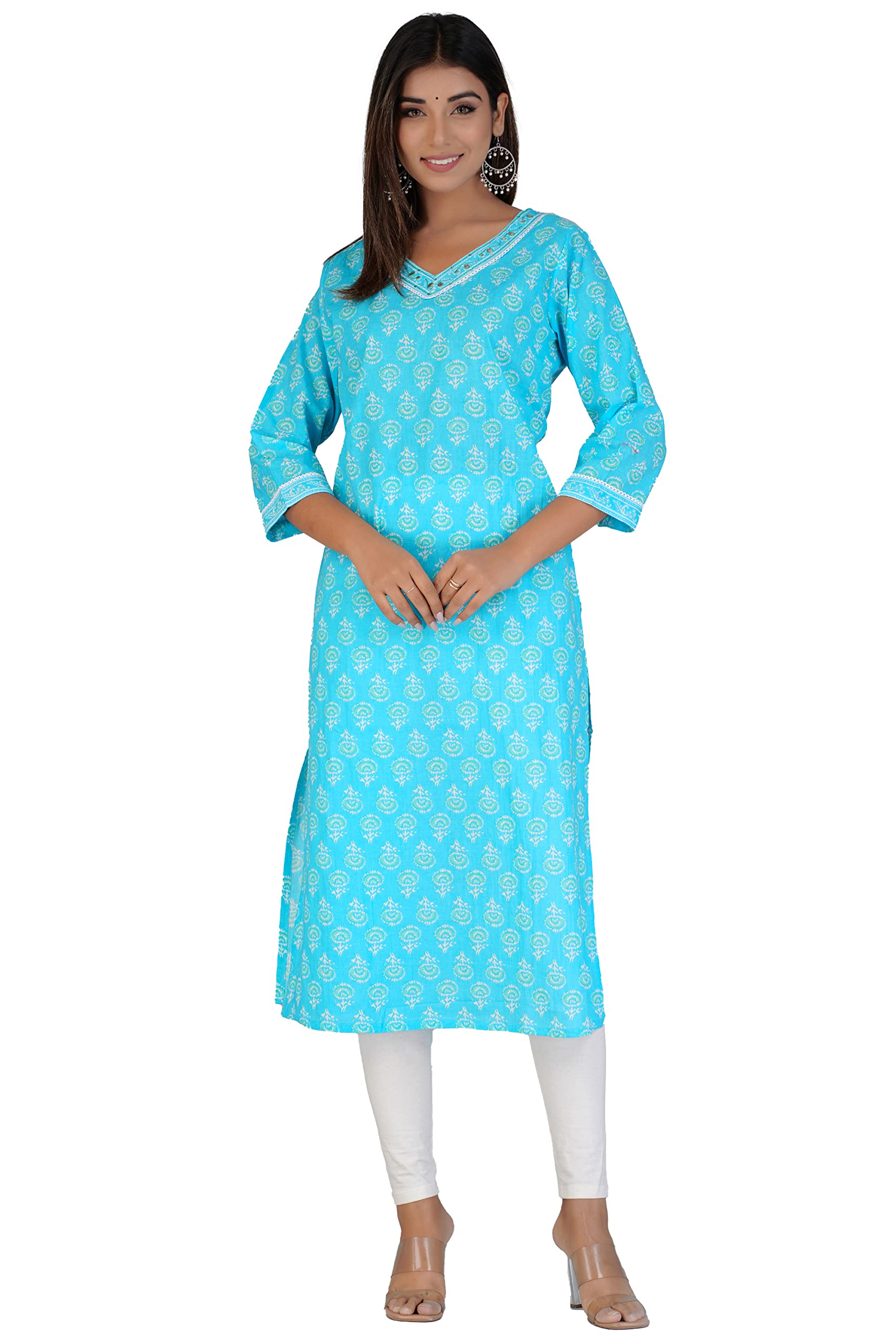 GenericWomen Regular Fit V-Neck Kurti 3/4 Sleeves Casual Women Printed Kurtis