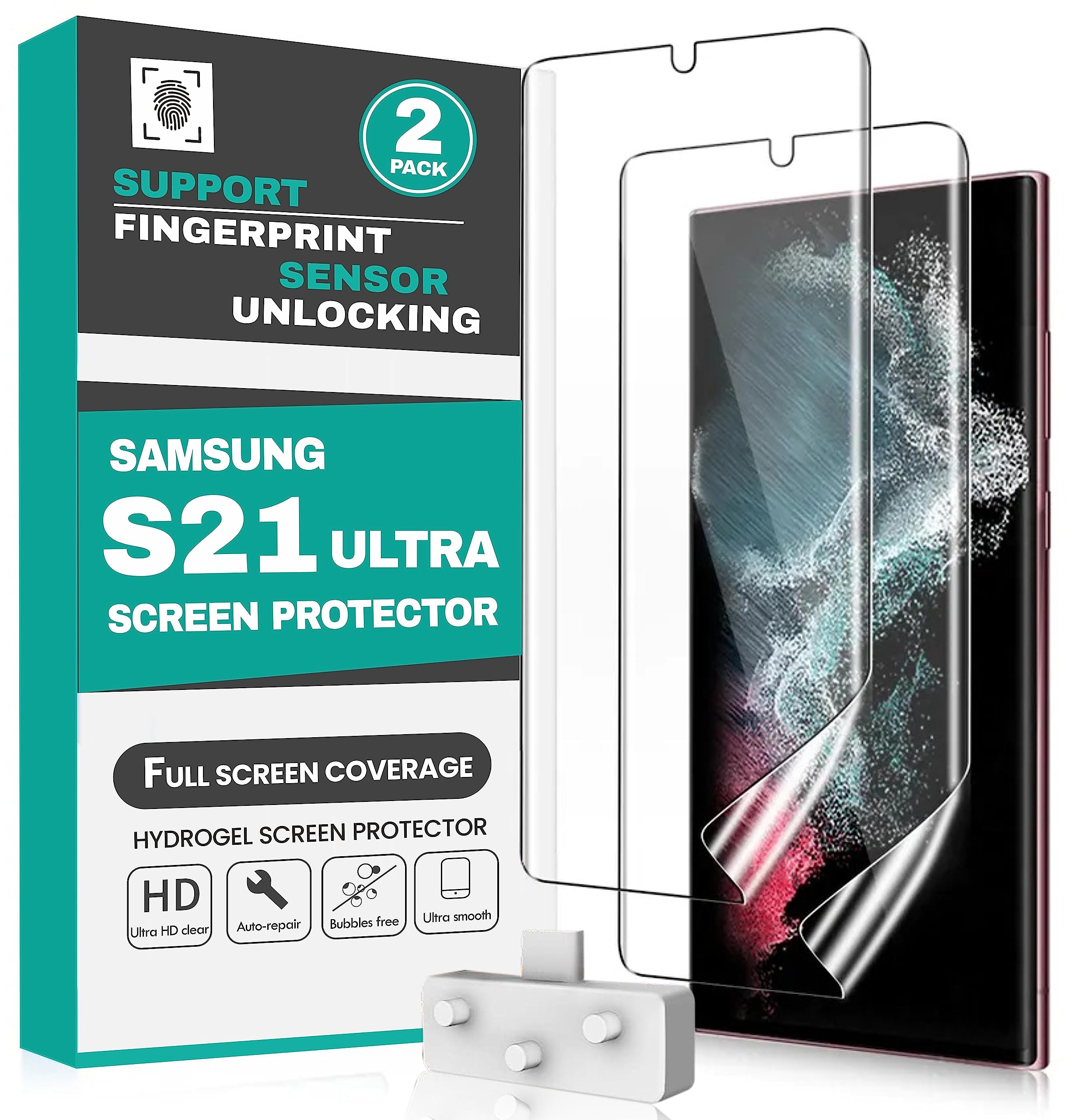 TPU Screen Protector for Samsung Galaxy S21 Ultra – 2 Pack Flexible Gel Film [Fingerprint Unlock Compatible] [Case Friendly] [Self-Healing] [Bubble-Free] – Samsung S21 Ultra TPU Screen Protector