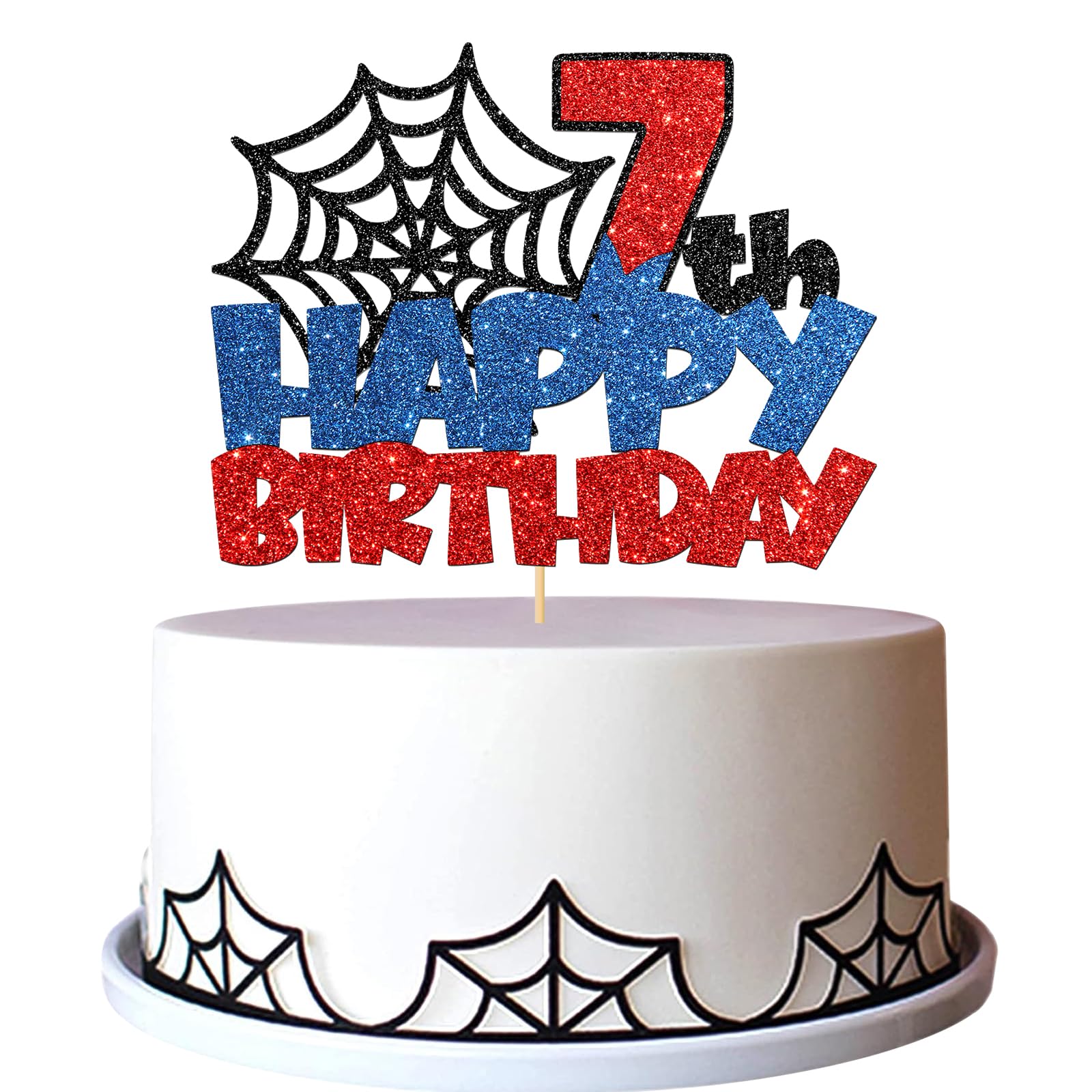 Happy 7nd Birthday Cake Topper, Spider Wed Happy 7nd Birthday Cake Decor for Boy, Cartoon Seven Years Birthday Party Supplies