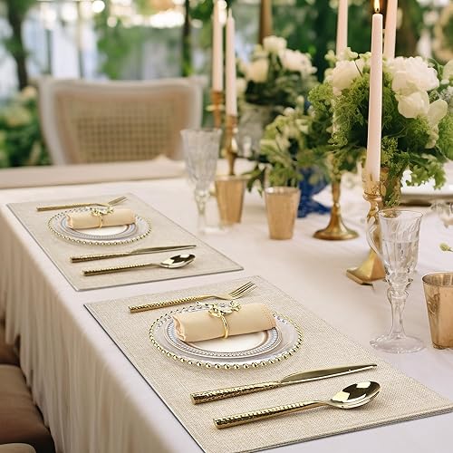 Miniatura 7 de Juego de 8 manteles individuales de tela color beige, doble grueso, fácil de limpiar, manteles individuales de tela estilo lino, lavables a máquina,