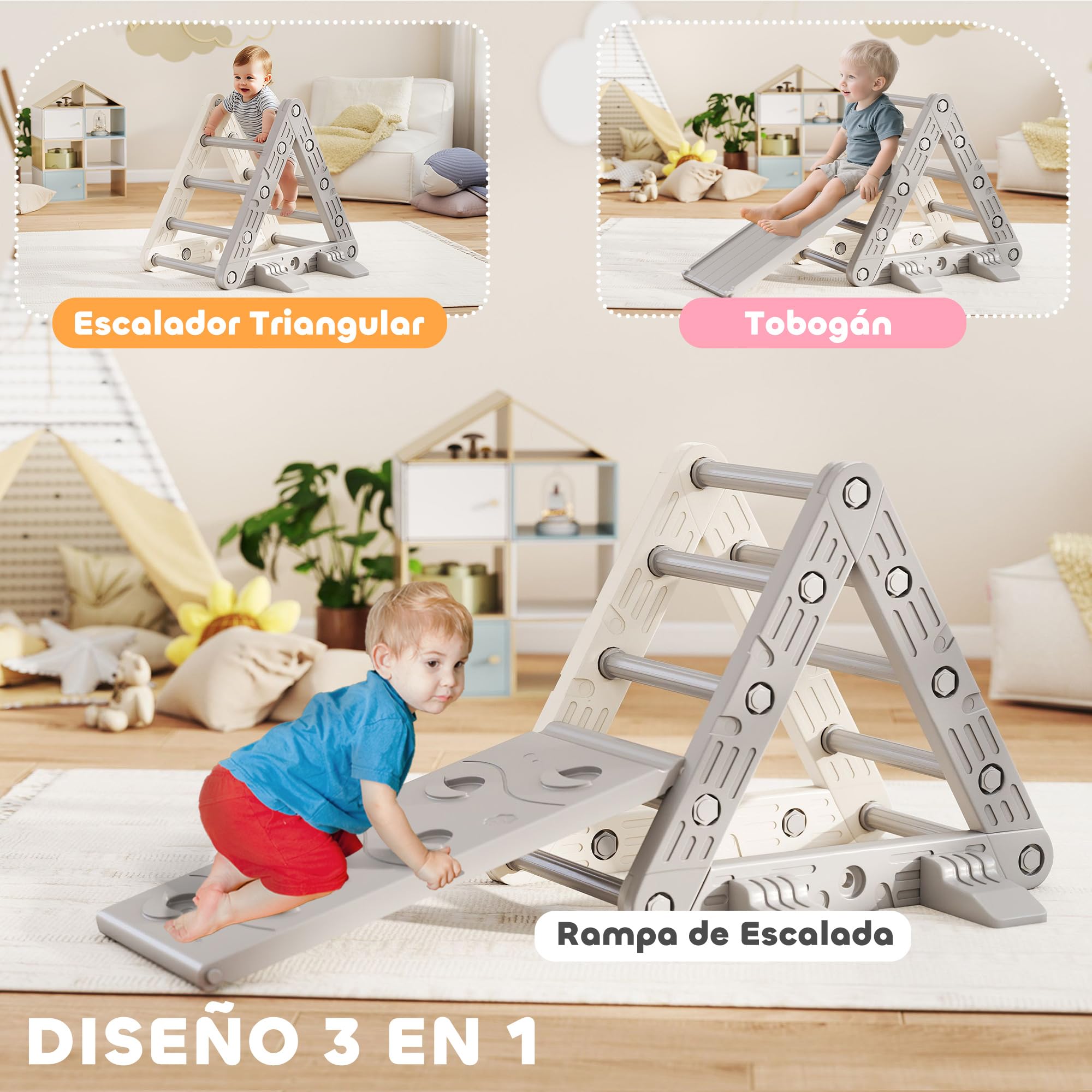 AIYAPLAY Triángulo de Escalada 3 en 1 con Tobogán y Rampa Escalador, Juguete de Escalada para Niños de 18-48 Meses, de Plástico, para Interior y Exterior, Gris y Blanco