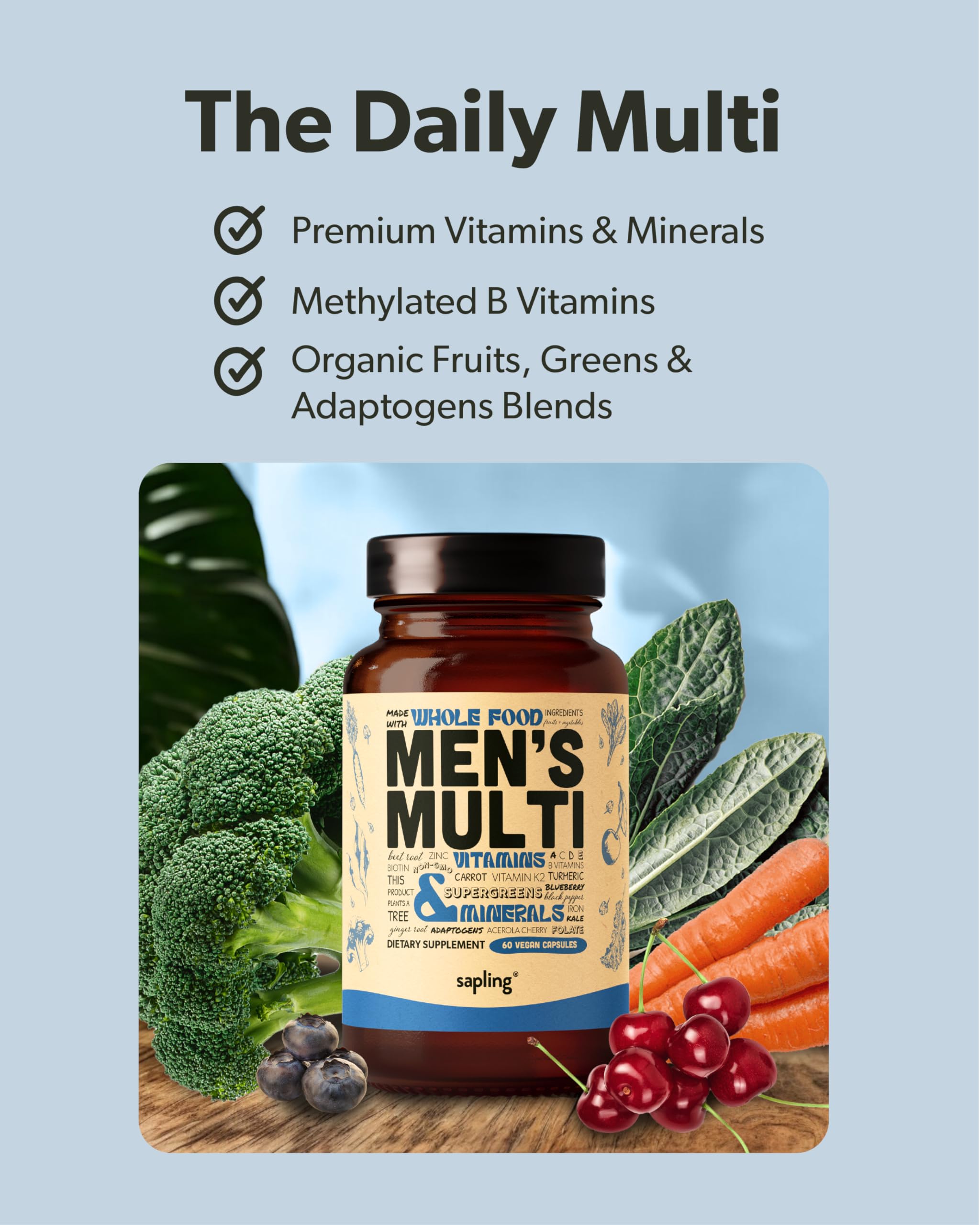 Multivitamin for Men - Daily Men’s Multivitamin - Methylated B Complex with Whole Food Ingredients, Vitamin B12, Folate, A, C, D3, E, K2, Organic Fruits & Vegetables - Vegan, Non-GMO - 60 Caps — Amazon image 2