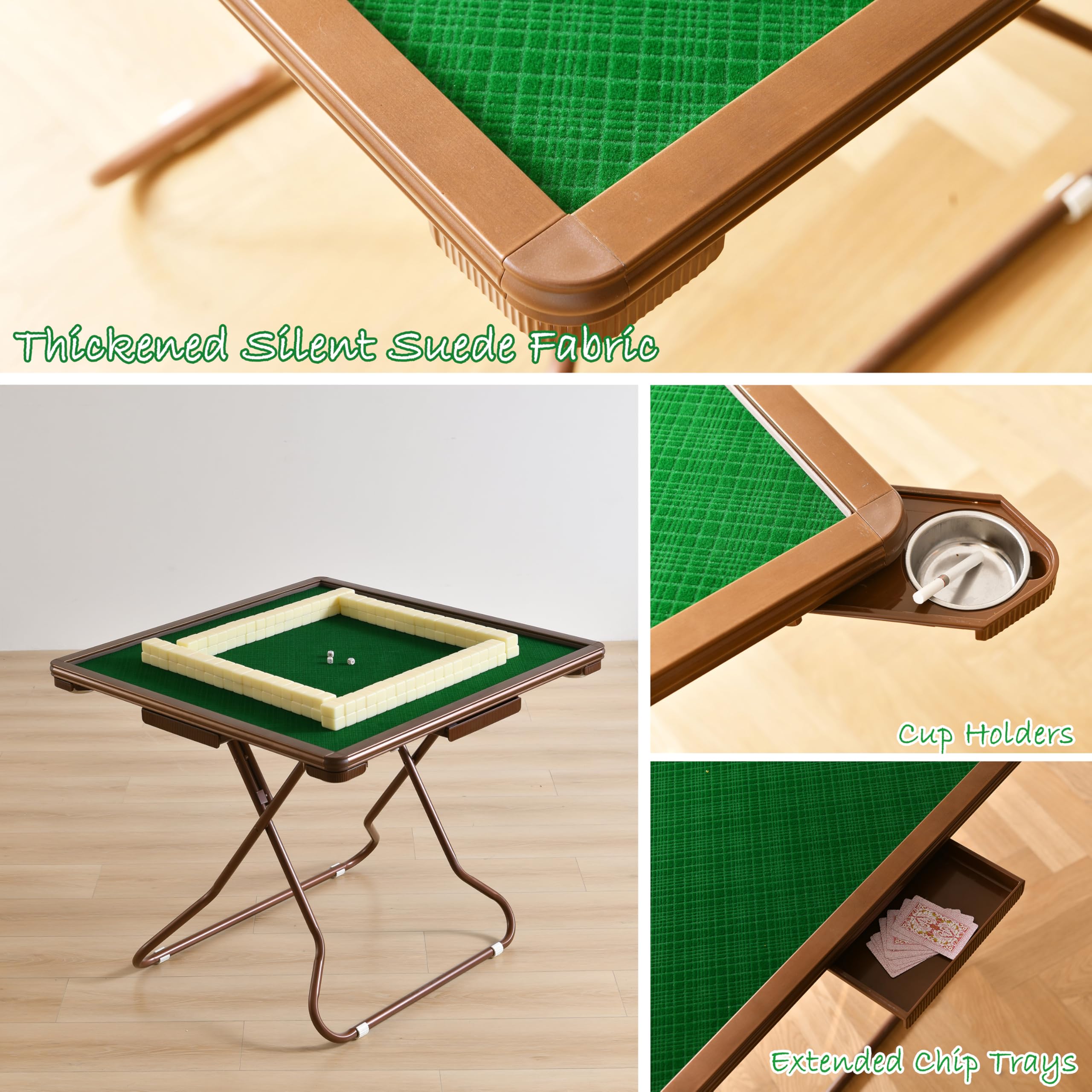 Mahjong Table Foldable, 4-Player Card Game Table with Green Felt and Cup Holders, Mahjong Table for Playing Mahjong, Pokers, Dominoes, Jigsaw Puzzles, Board Game