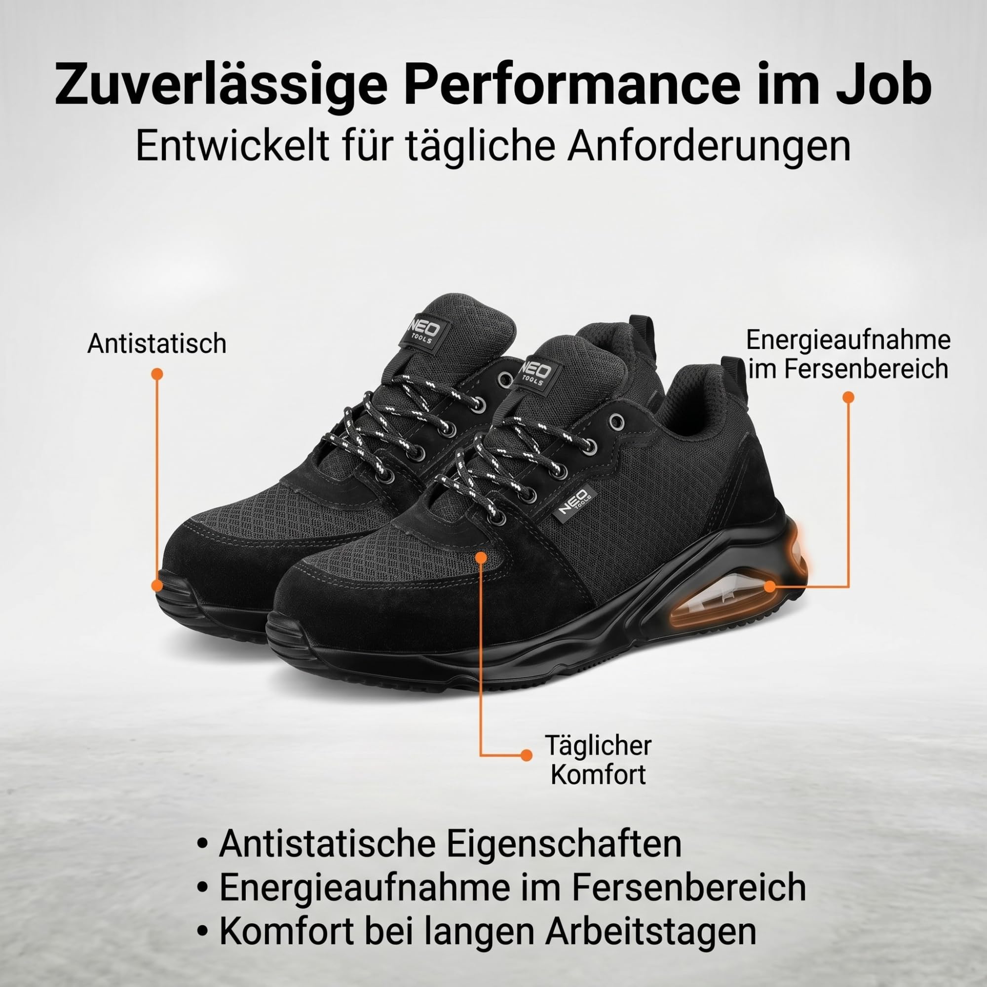 NEO TOOLS NEO Air Profi Arbeitsschuhe Sicherheitsschuhe, Atmungsaktive Halbschuhe für Handwerk & Logistik, Sportliche Leichte Berufsschuhe