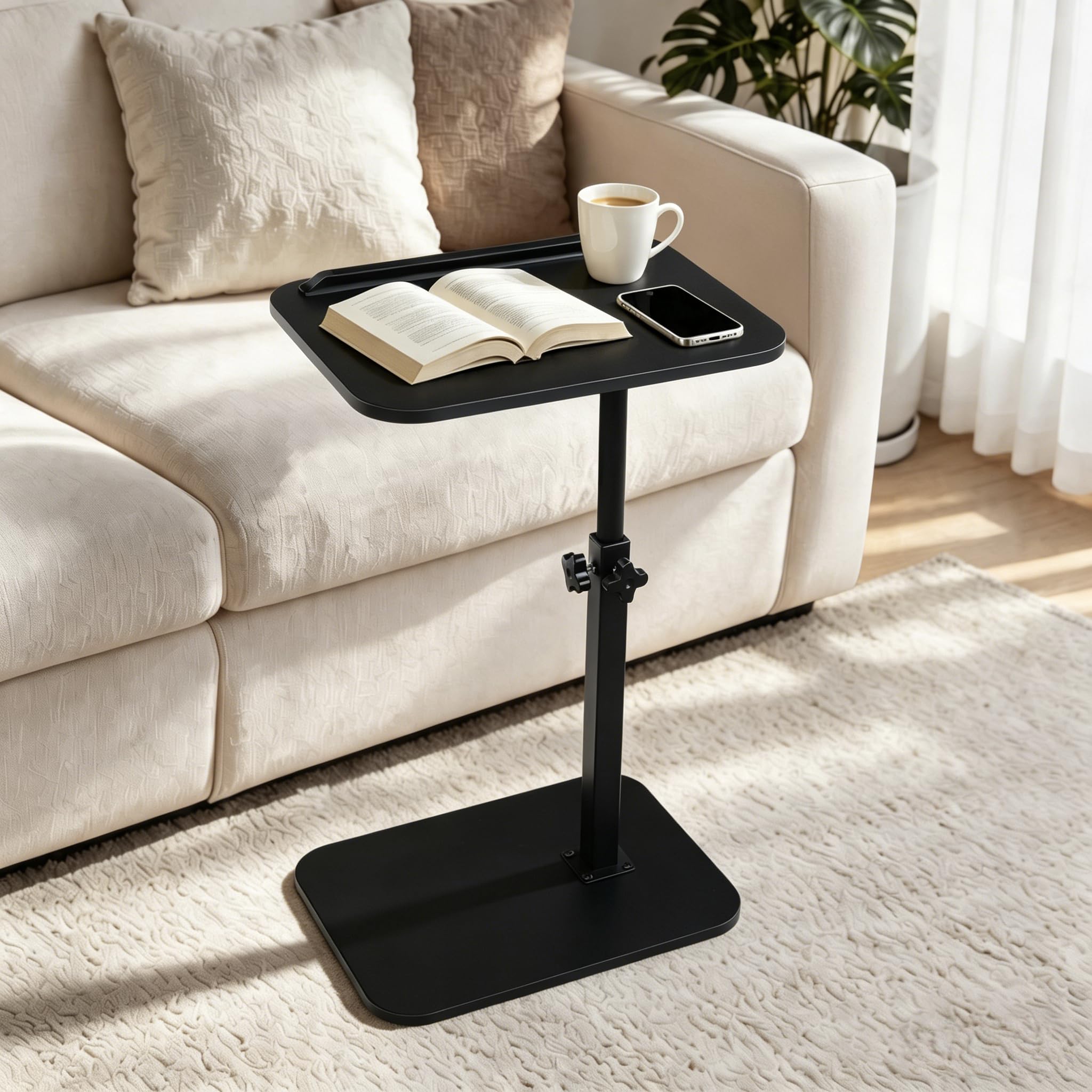 comfoyar Tavolino a Forma C Altezza Regolabile, Girevole 360° Tavolino di Divano Laterale con Doghe per Letto Vasca da Bagno, Tavolino da Caffè Moderno per Soggiorno Ufficio, Piccolo Spazio, Nero