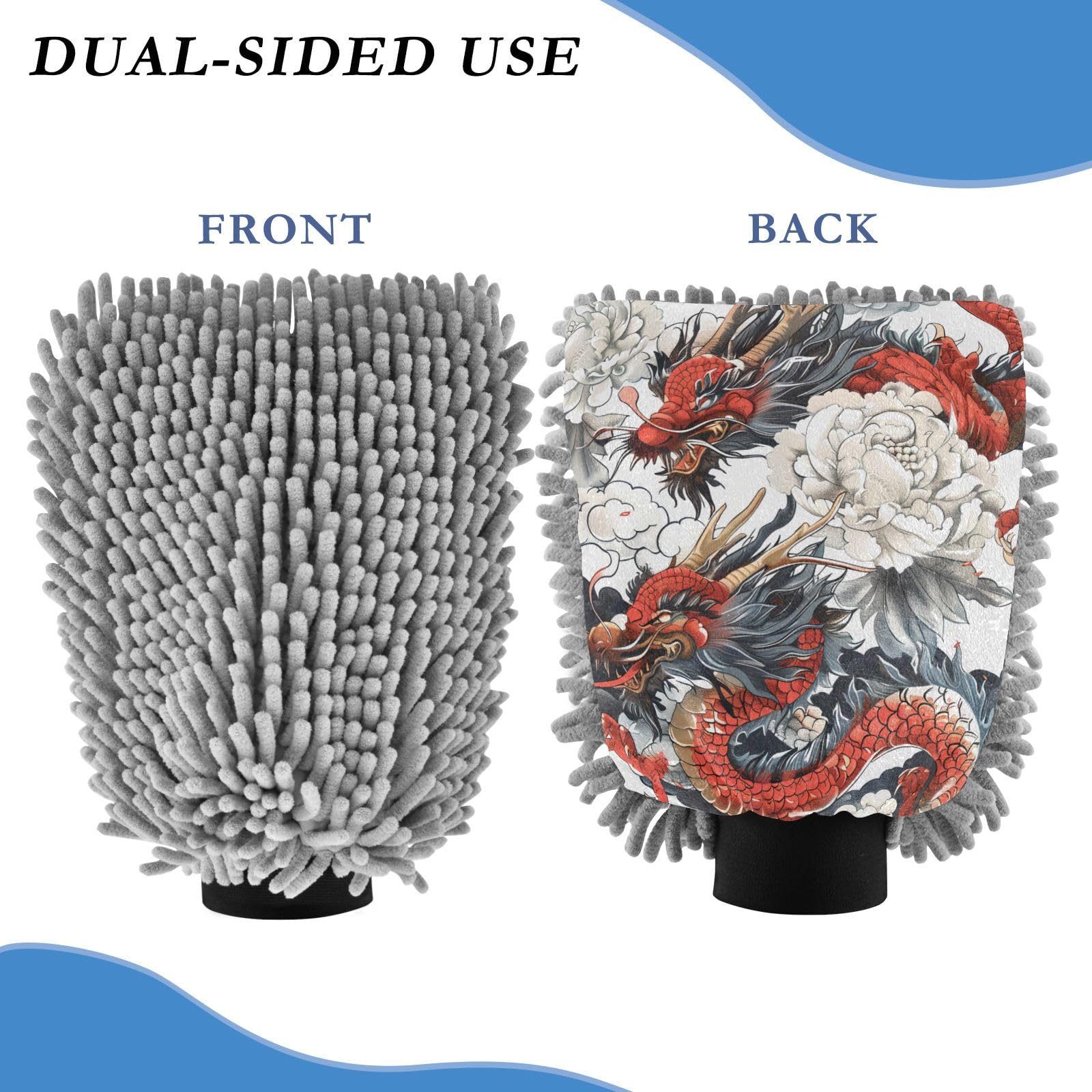 IOACIY Absorbent Microfiber Car Wash Drying Mitts, 2 Pack, Scratch-Free & Lint-Free, Rich Foam, Highly Absorbent, Double Sided, Wash Mitt Perfect for Car Washing, M, Chinese Dragon (10)