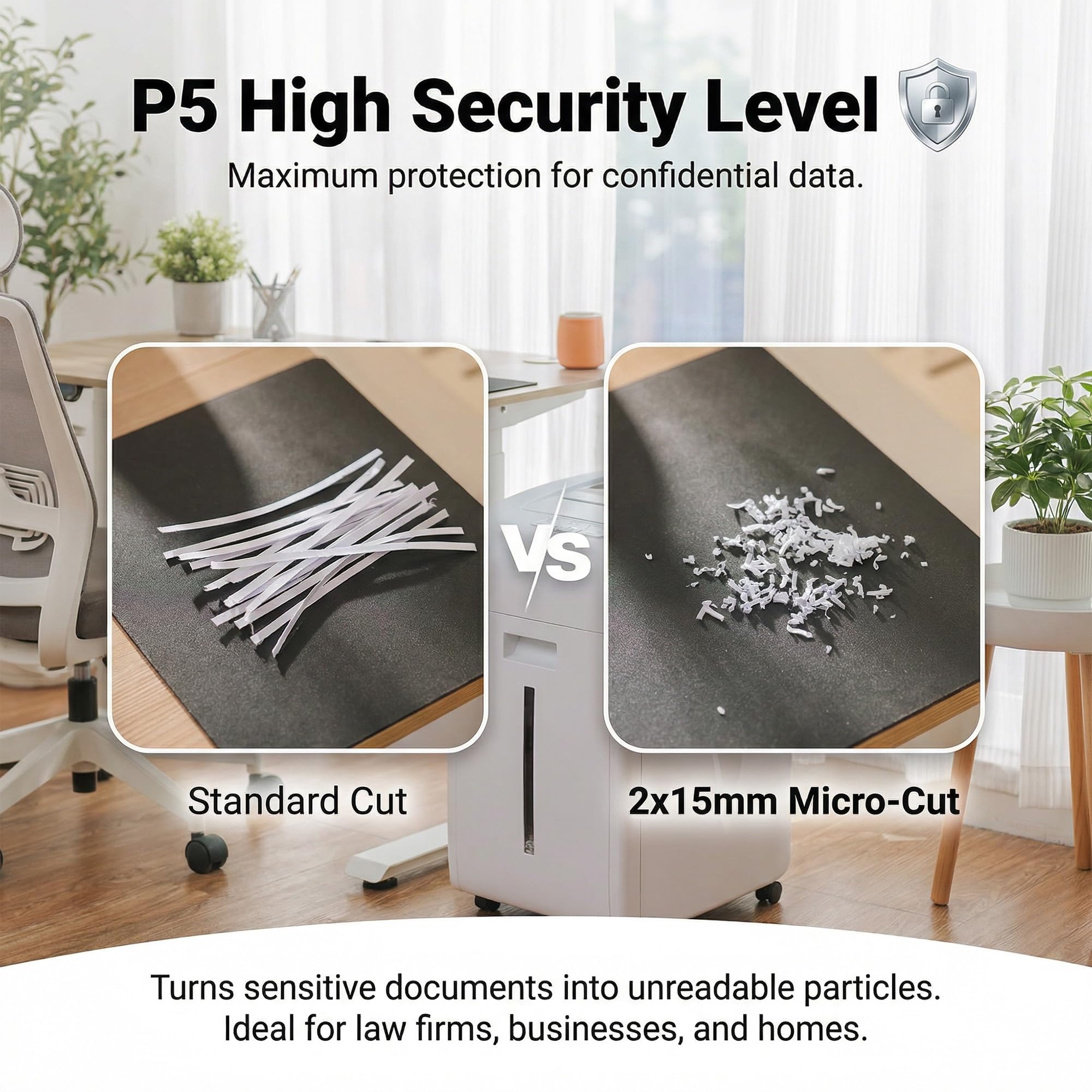Trituradora de Papel de 200 Hojas: P5 Destructora de Documentos Automática con Corte Micro 2 x 15 mm Trituradora de Papel Eléctrica con Bandeja de 35L para CD, Tarjetas y Grapas
