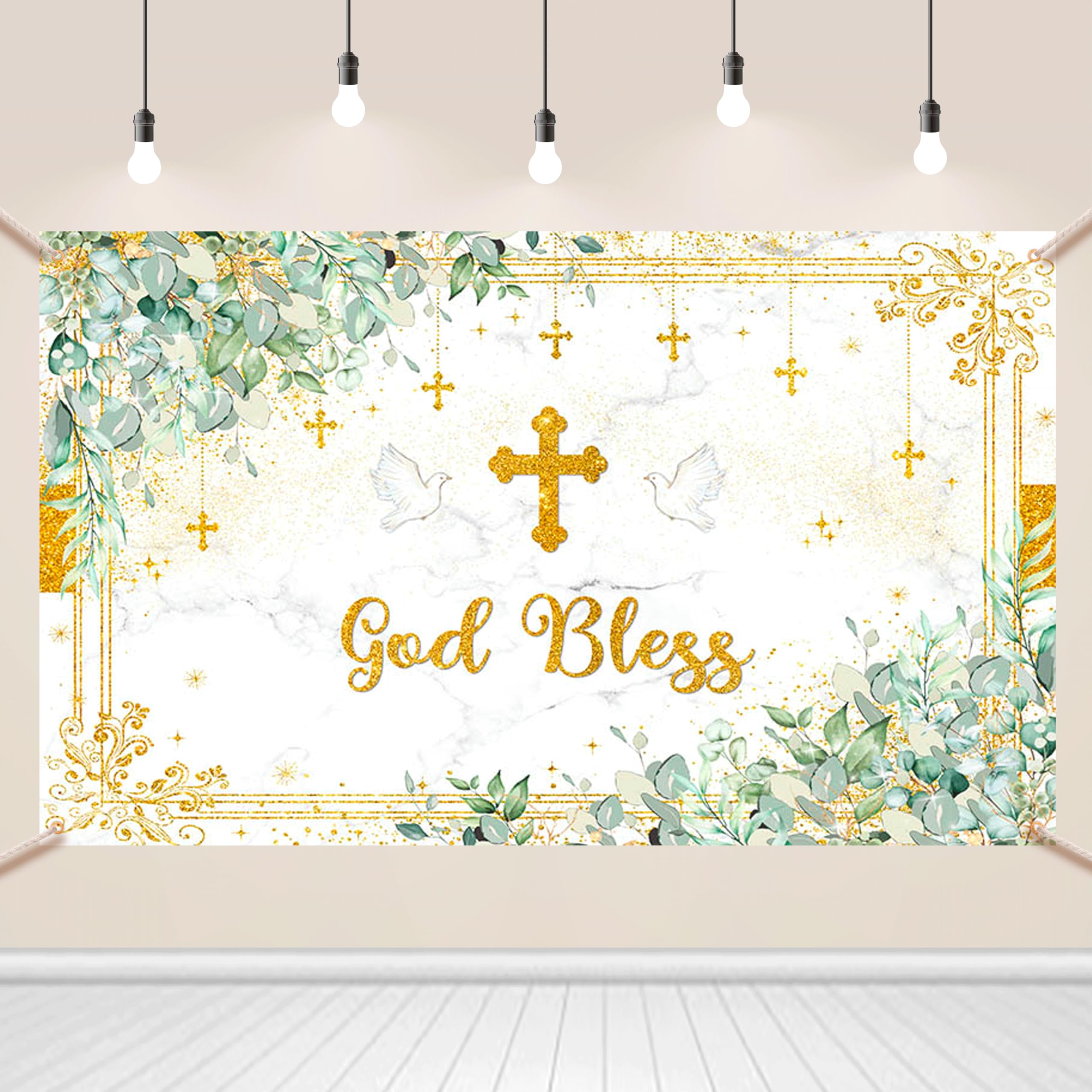 Greenery God Bless Backdrop First Holy Communion Baptism Decorations Green and Gold Eucalyptus Leaves Photography Background God Bless Banner Photo Shoot Props 70.8 x 43.3inch