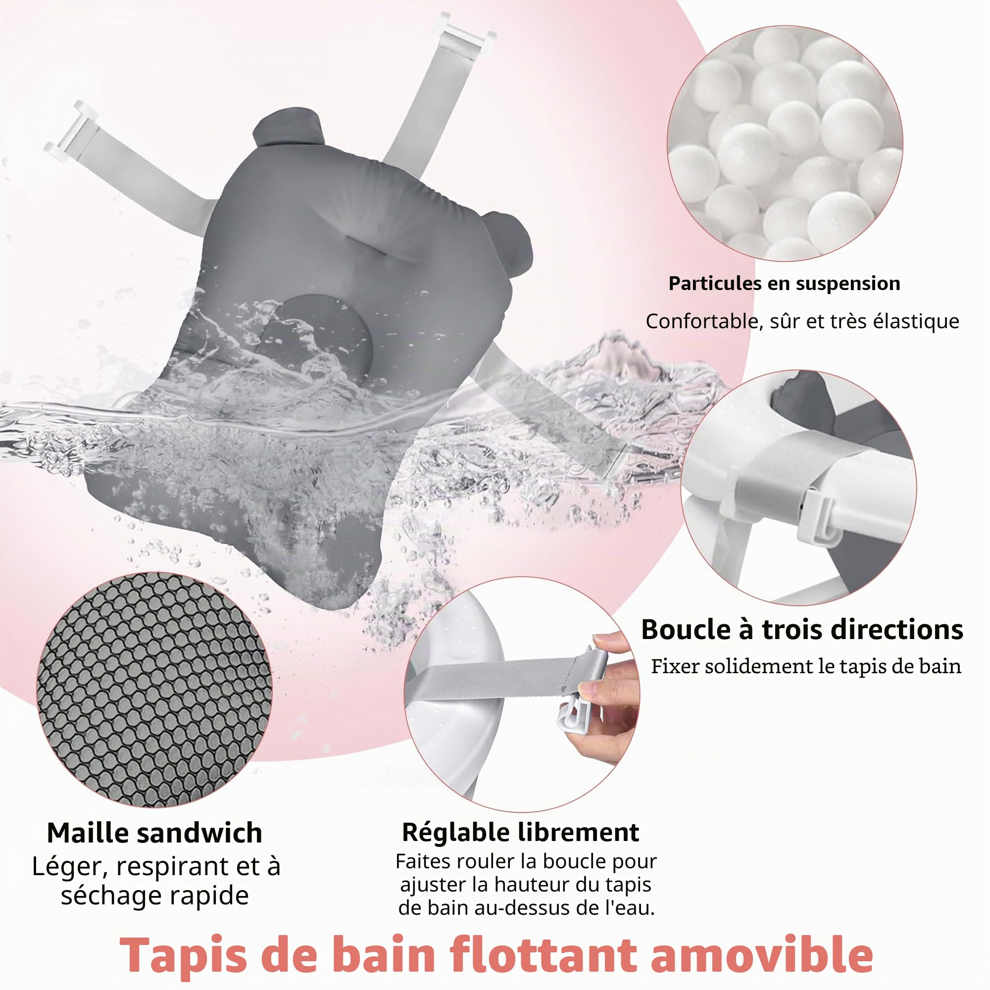 YRHome Baignoire pliable pour bébé - Ergonomique - 82 x 50 x 20 cm - Antidérapante - Avec écoulement - Coussin de bain pour nouveau-né - Anthracite avec coussin