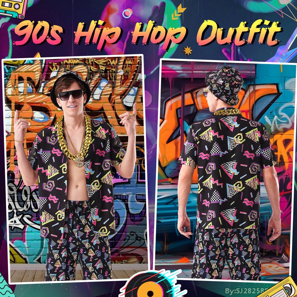 80s 90s Outfit for Men Hip Hop Costume Button Up Blouse Tops Disco Retro Theme Party Outfit Hawaiian Vintage Black-XL - Image 3