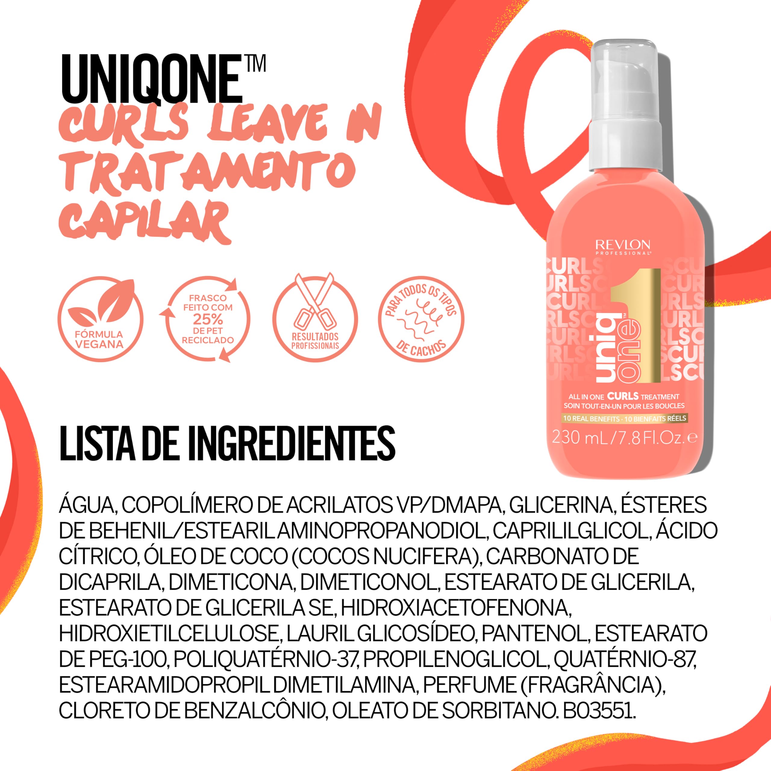 Revlon Professional UniqOne Curls Treatment, 10-in-1 Leave-In for Curly Hair, 96H Frizz Control, Deep Nourishment & Repair, Curl Definition, Heat Protection, Vegan, 7.8 fl oz