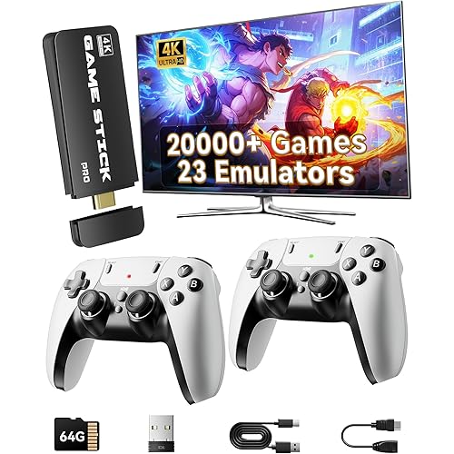 2026 Upgraded Retro Gaming Console, 20,000+ Retro Game Stick, Built-in Classic Video Games 23 Emulators, 4K HD HDMI TV Game Stick, Plug & Play Game Console for TV with 2 Wireless Controllers HQM15BT