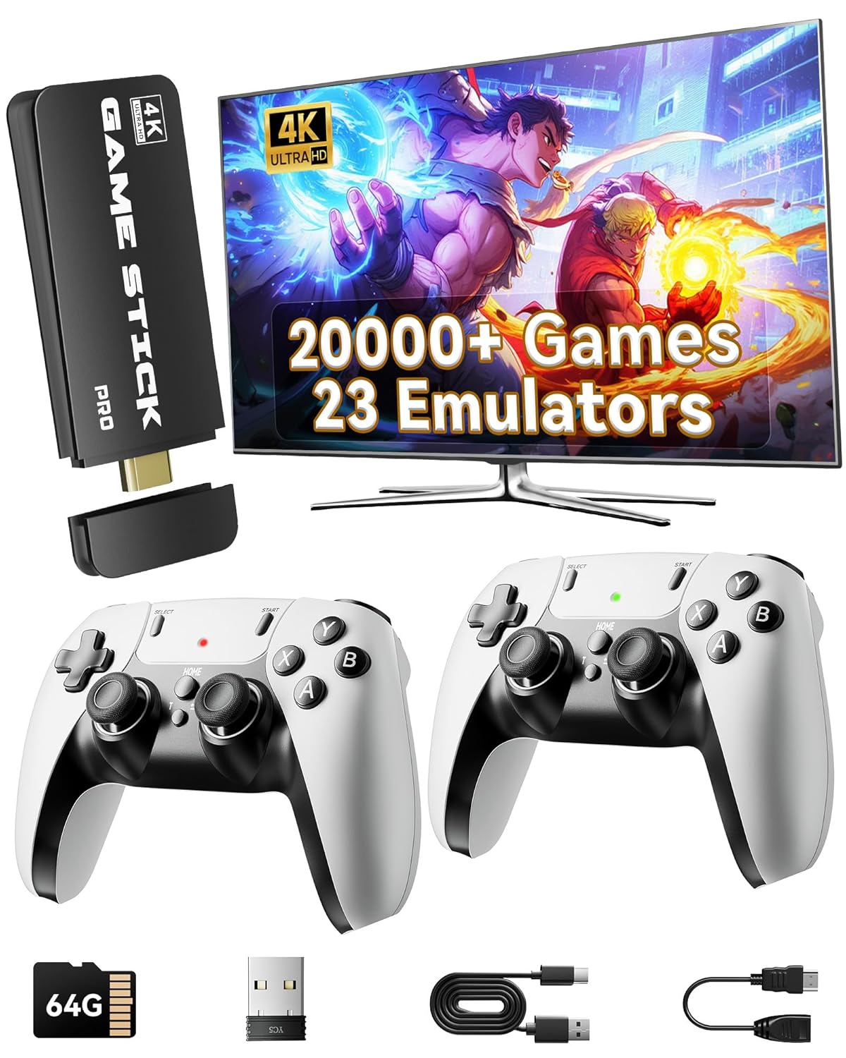 Product image of 2025 Retro Gaming Console Pro 4K HDMI with 20,000+ Built-in Classic Video Games, Retro Game Stick with 23 Emulators Plug & Play TV Video Gaming Stick with 64GB Memory