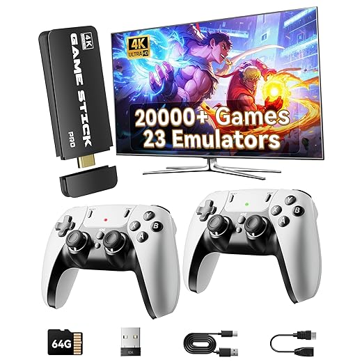 2025 Retro Gaming Console Pro 4K HDMI with 20,000+ Built-in Classic Video Games, Retro Game Stick with 23 Emulators Plug & Play TV Video Gaming Stick with 64GB Memory
