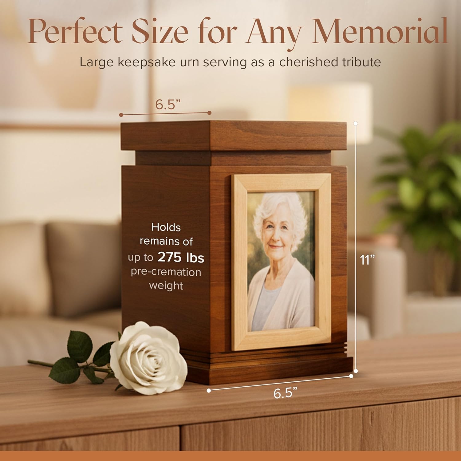 Walnut Wood Urns for Human Ashes – Large Adult Cremation Urn with Photo Frame – Memorial Funeral Urn Box for Ashes, Solid Wooden Urn with Velvet Bag