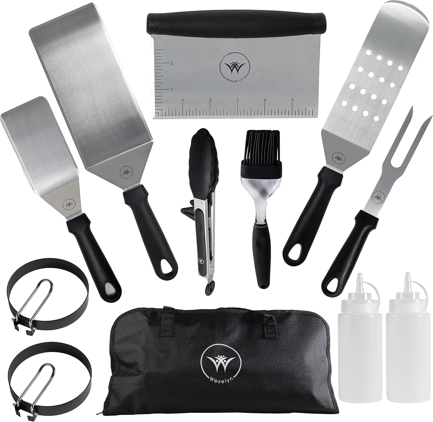 Weselyn Flat Top Grill Accessories Kit - 12-Pc Griddle Set with Burger Spatulas, Scraper, Egg Rings and Meat Fork in a Canvas Tote Bag - Stainless Steel BBQ Tool Kit for Blackstone Griddle Accessories