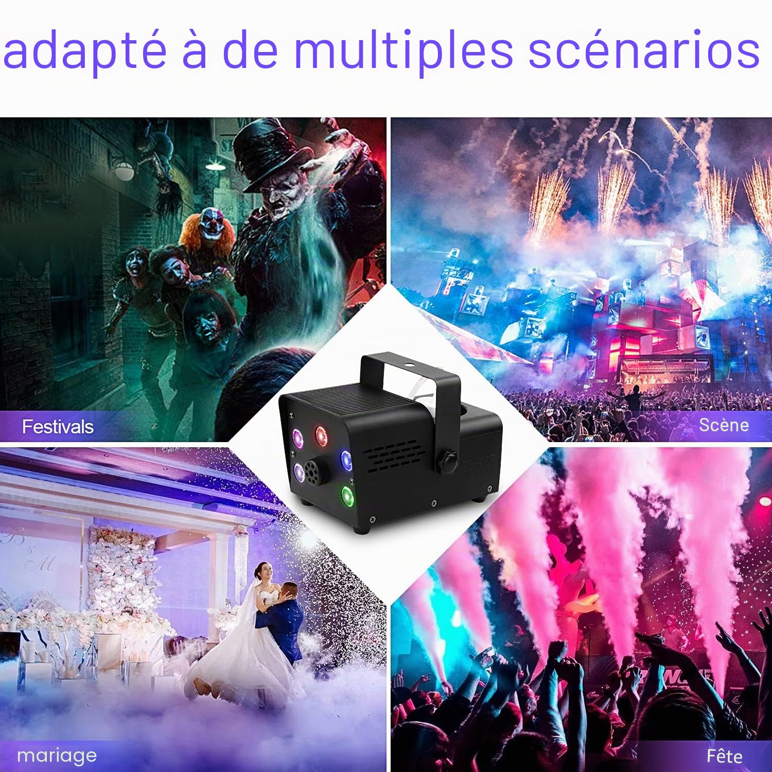Machine à Brouillard, Mini Machine à Fumée de Brouillard 500W avec 5 Lumières LED, Machine à Brouillard à Effet RVB avec Télécommande sans Fil pour Soirées DJ Performances sur Scène et Halloween/Noël