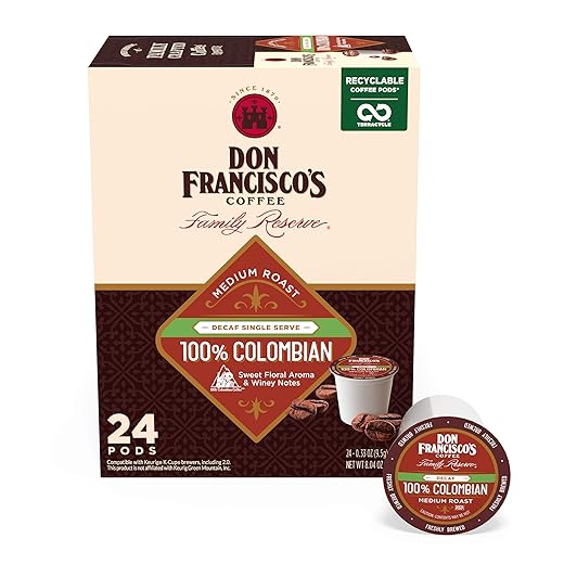 Don Francisco's Decaf Colombia Medium Roast Coffee Pods: 24 K-Cup Compatible, 99.7% Caffeine-Free, 100% Arabica, Single-Serve for Keurig Brewers - Recyclable through TerraCycle