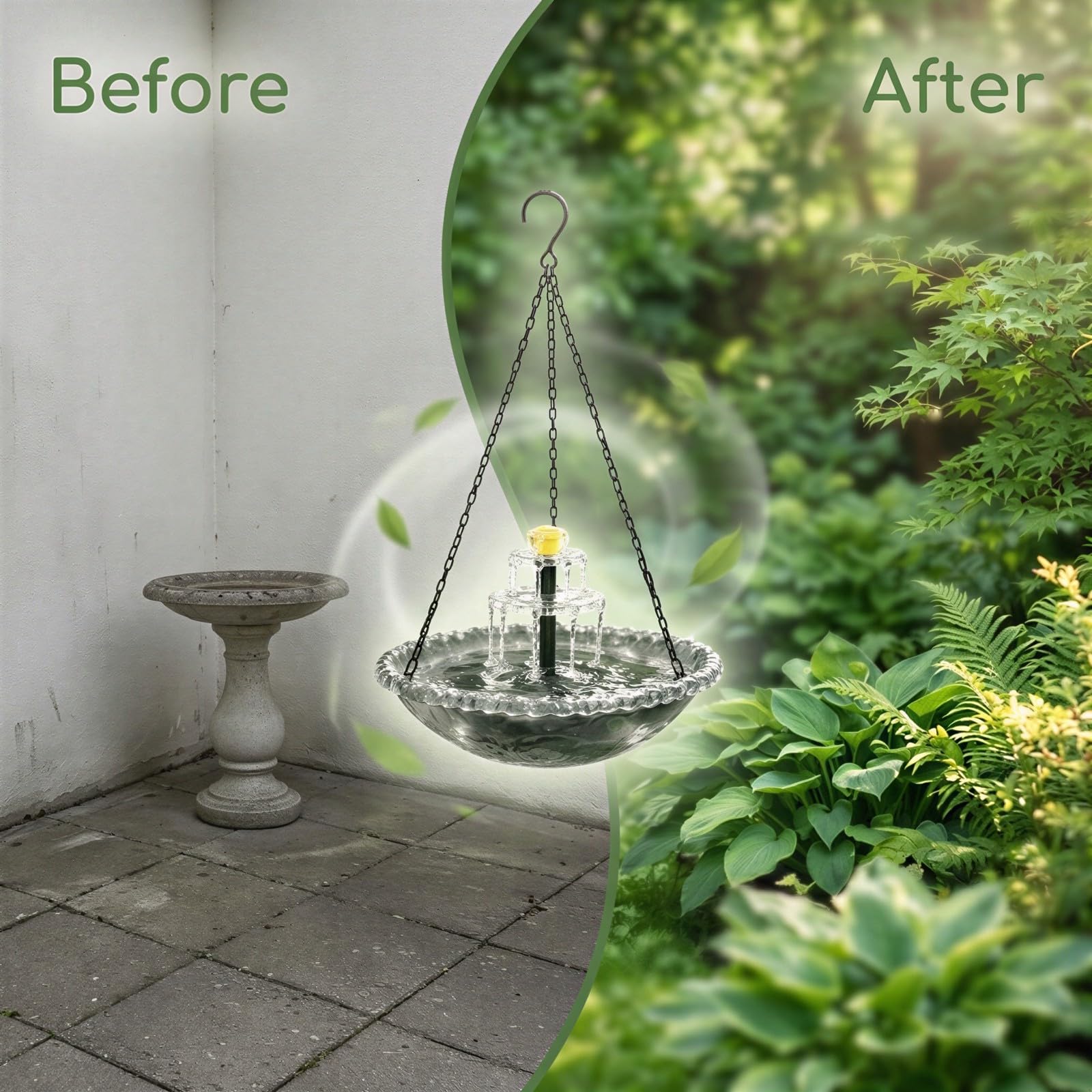 Fontana solare da appendere per uccelli a cascata, vasca per uccelli sospesa con pompa solare e 6 ugelli, fontana decorativa a colibrì per esterni, giardino, cortile, patio, design a cascata, grigio