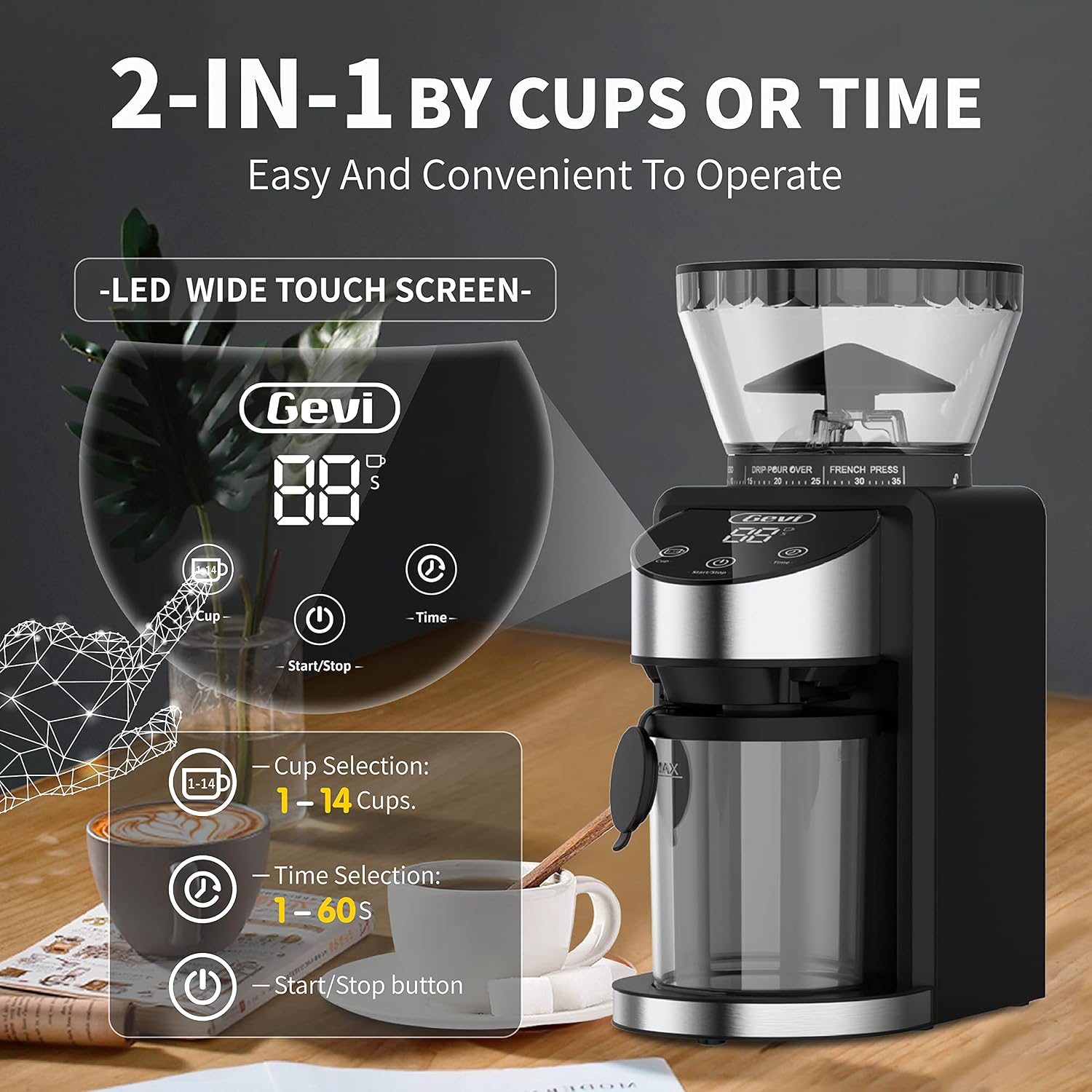 Gevi coffee grinder LED touch screen showing cup and time selection