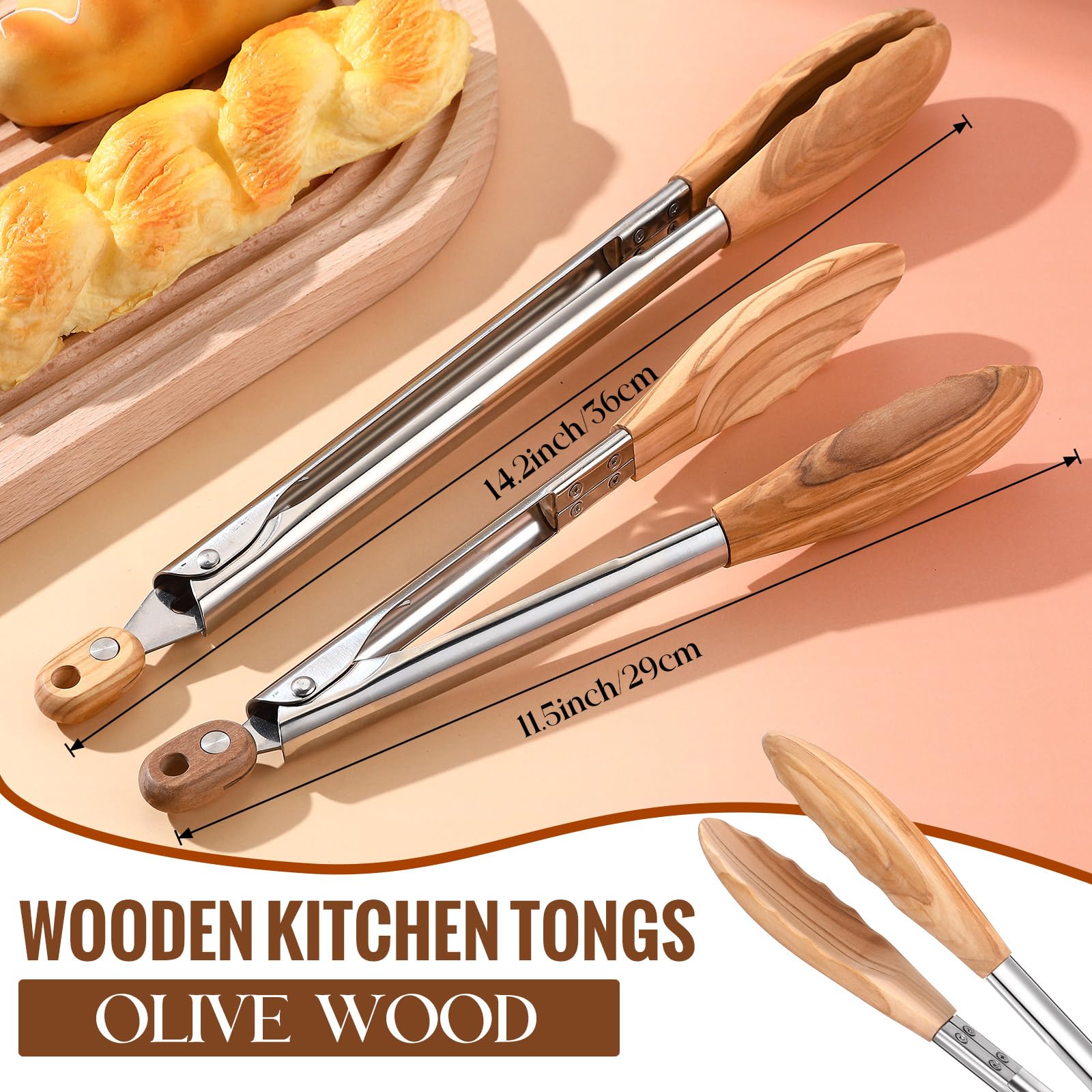 Baderke Juego de 2 pinzas de cocina de madera de oliva para cocinar, pinzas de ensalada con puntas de madera para servir ensaladas, hamburguesas, asar a la parrilla y mucho más, juego de 2, 11.4