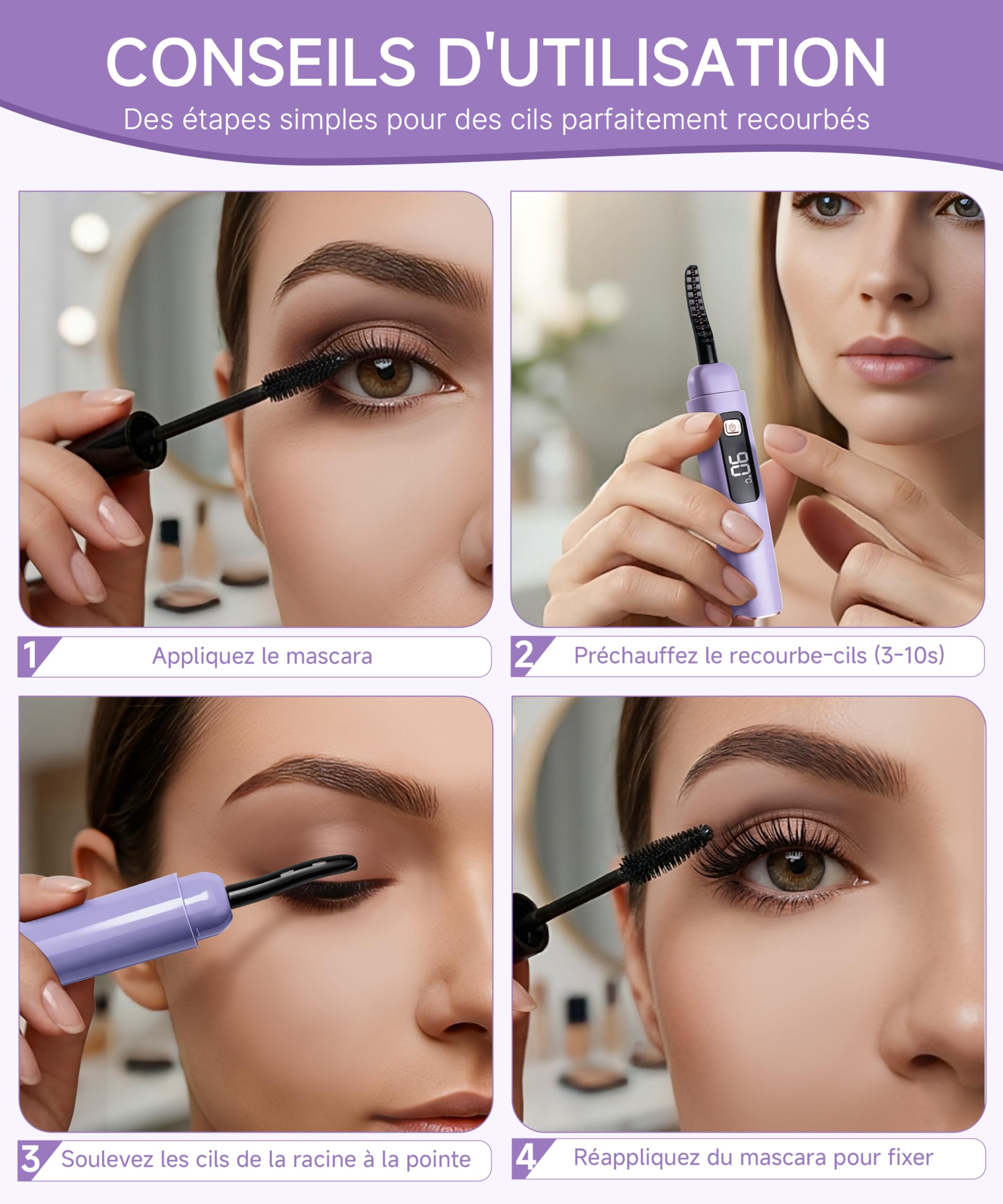 Recourbe-Cils Chauffant S800, LED, 6 Niv, USB-C, Violet/Or Rose | Obtenez une courbure parfaite et durable en 10s grâce à ce recourbe-cils chauffant à 6 températures et rechargeable USB-C.