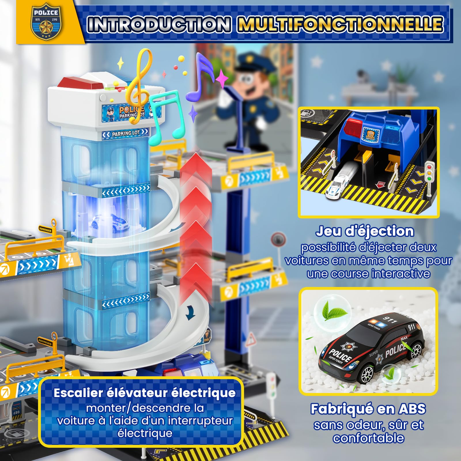 BuzzoXerex 5 Etages Garage pour Enfants, Piste de Course avec 14 Voitures et 2 Hélicoptère, Jouet Garage Voiture avec Ascenseur Electrique Circuit, Cadeaux pour Enfants 5 6 7 8 9 Ans (Police)