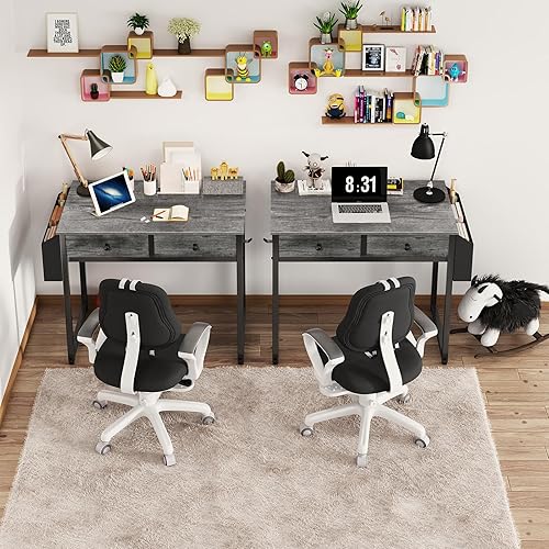 Miniatura 36 de Lufeiya - Escritorio pequeño para computadora para dormitorio, oficina en casa, 2 cajones de tela de almacenamiento y bolsa, mesa de estudio para