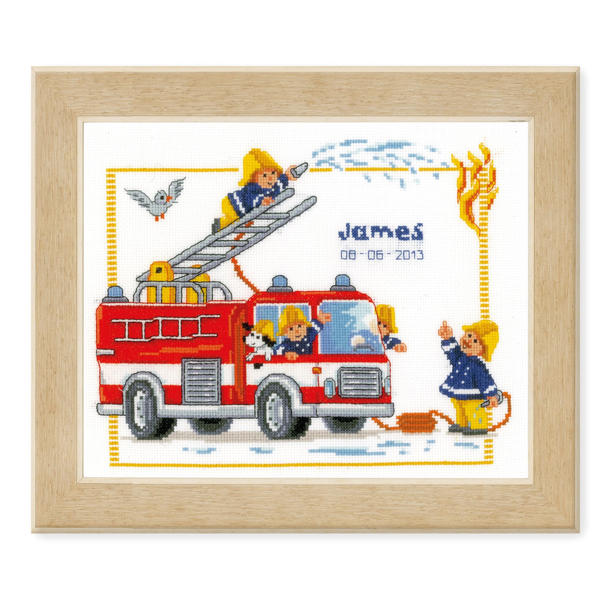 Vervaco Multi Birth Record Fire Engine Counted Cross Stitch Kit, -Colour
