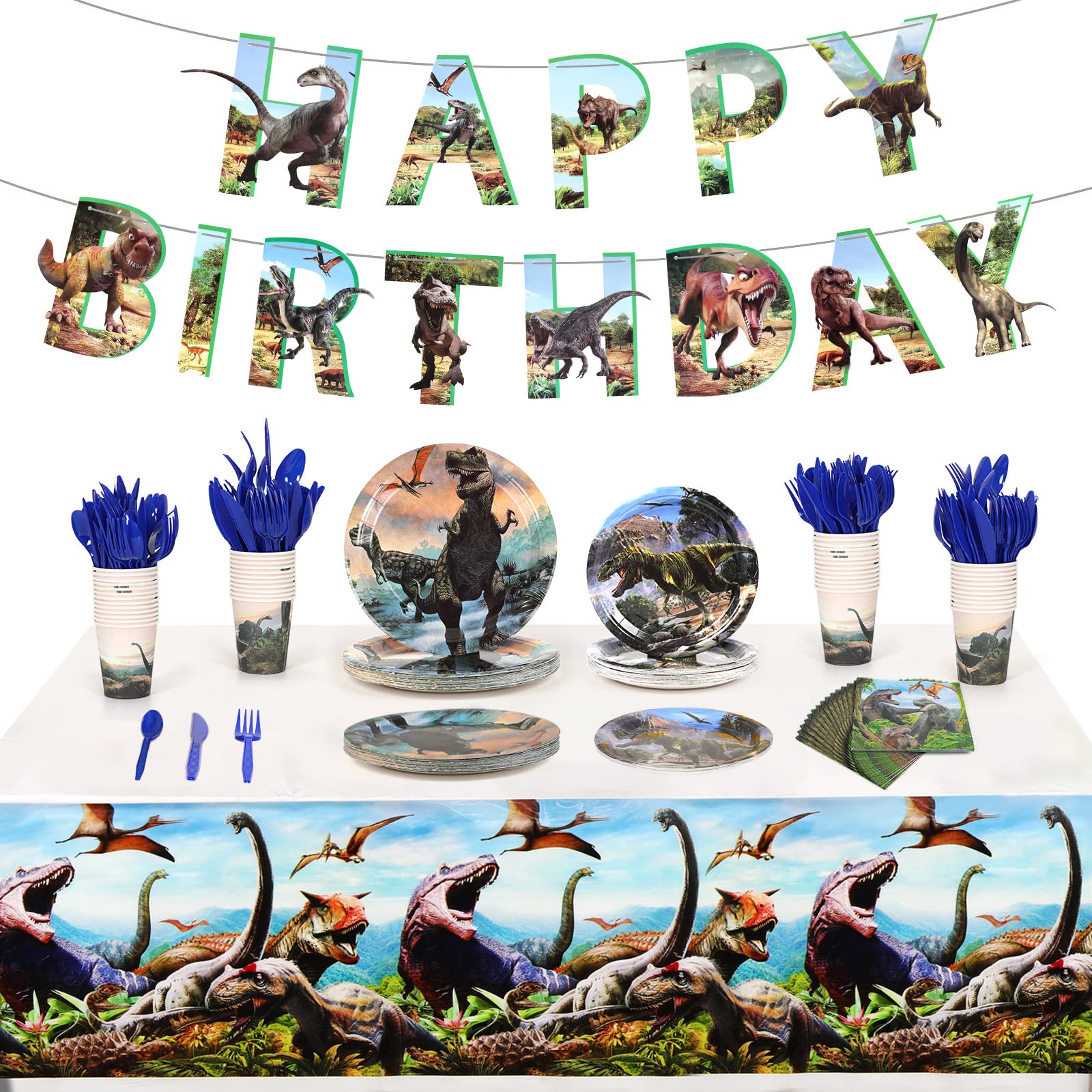 173 Pcs Dinosaur Birthday Party Supplies Kit For Kids - Serve 24 Guests with 2*Tablecloths, Tableware, Napkins, Cups & Happy Birthday Banner. Dinosaur Party Decorations For Boys Made Easy.