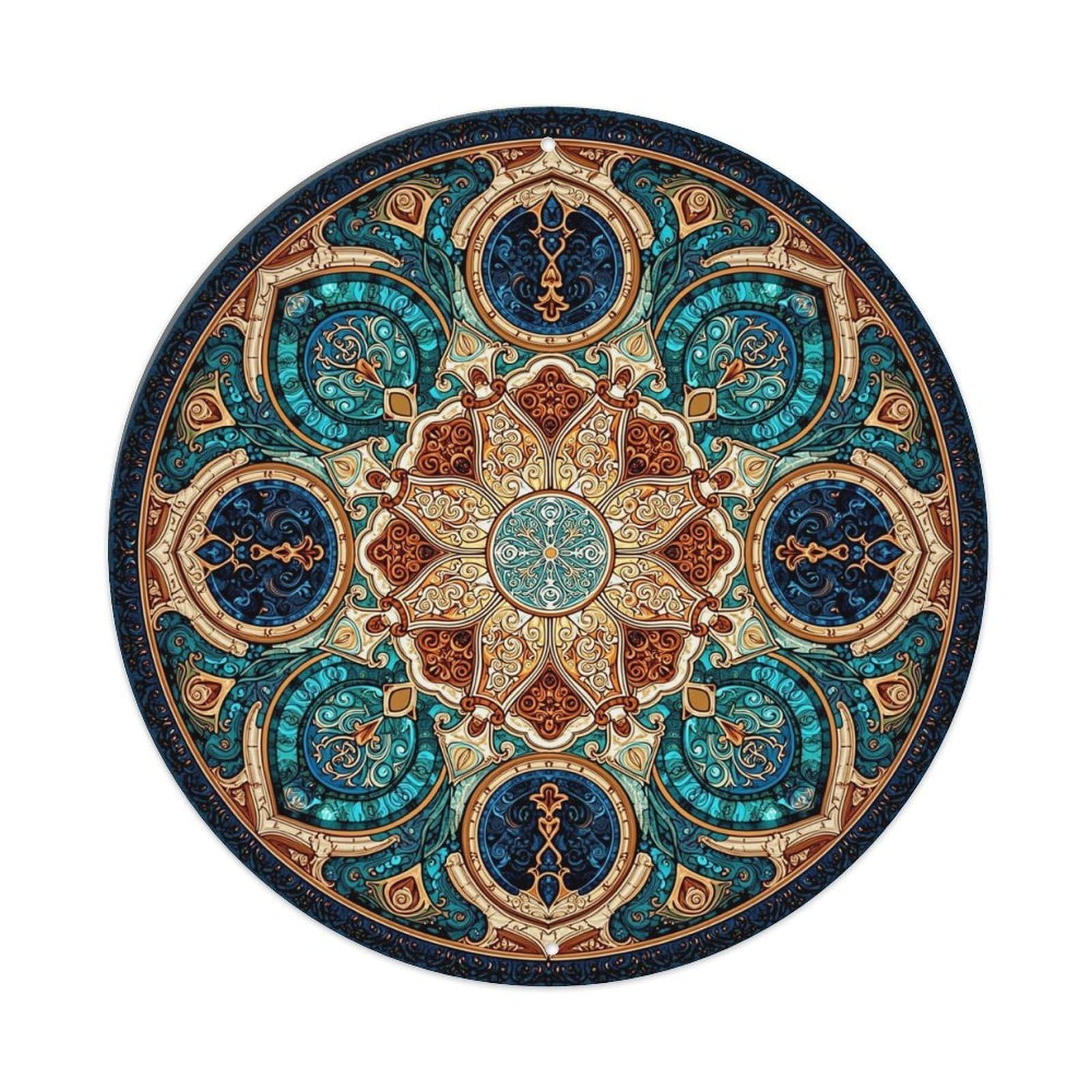 Ornate Circular Symmetrical Mandala Design Vintage Round Tin Sign Retro Metal Wall Decor Metal Poster, Home Bar Garage Cafe Wall Art Decoration 8x8Inches