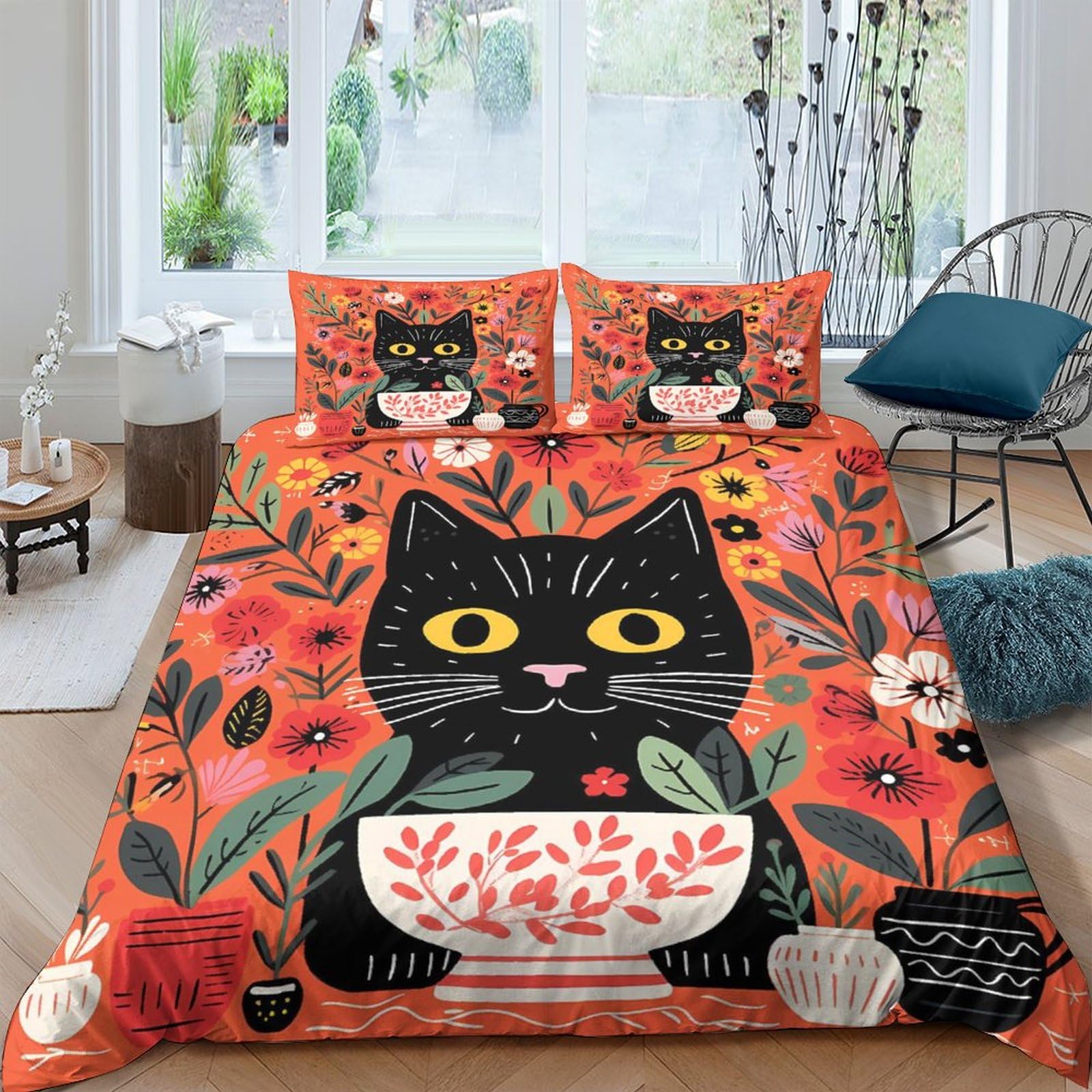Parure de lit 3D Fleurs et Chat en microfibre douce et zippée pour couette 200x200 cm