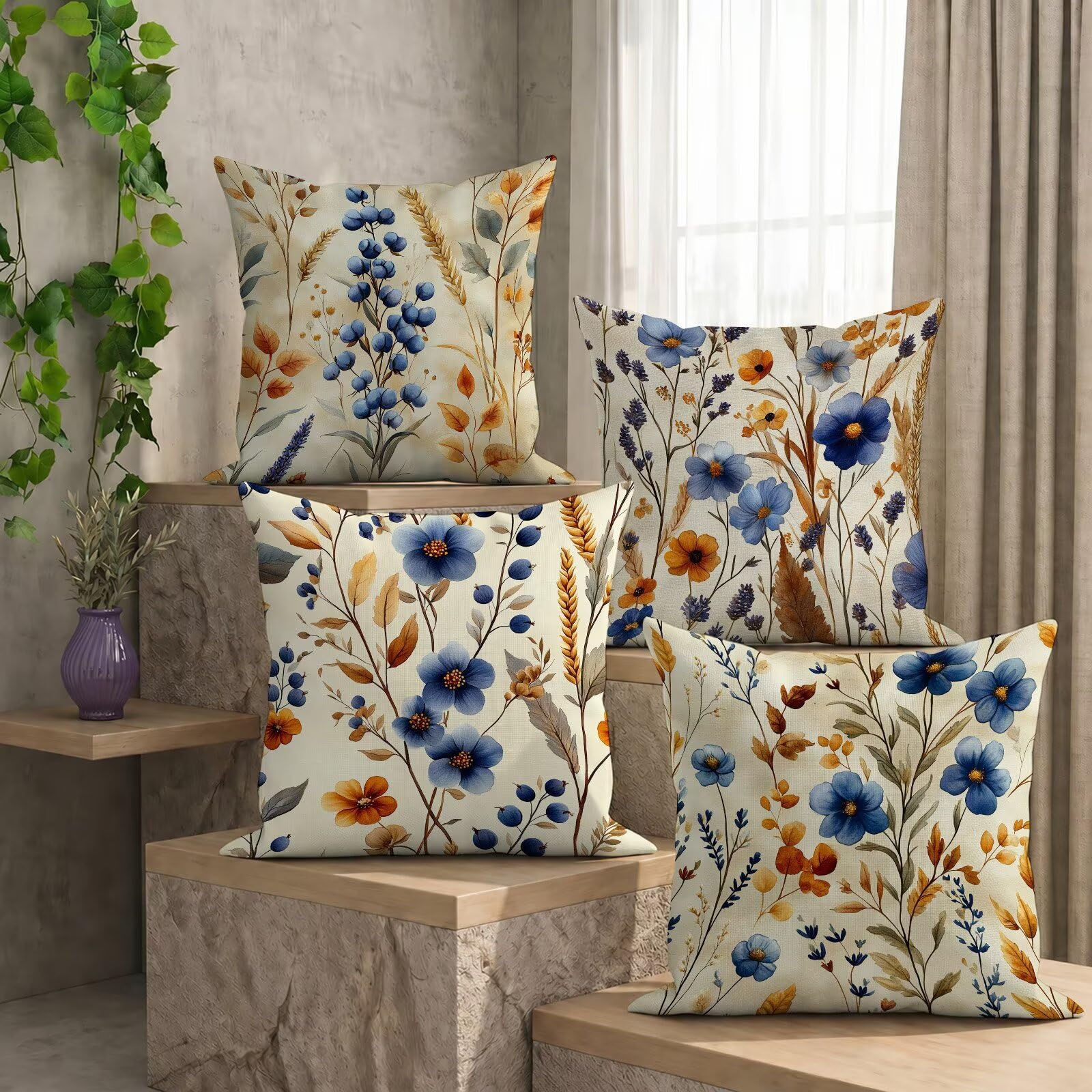 Fundas de Cojines Impermeables para Exterior Rural Funda Cojin 55x55 cm Juego de 4 Cuadradas Lino Funda de Almohada Decorativas para Sofá Terraza Silla Jardín Cojines Decorativos (Flor) L-O499