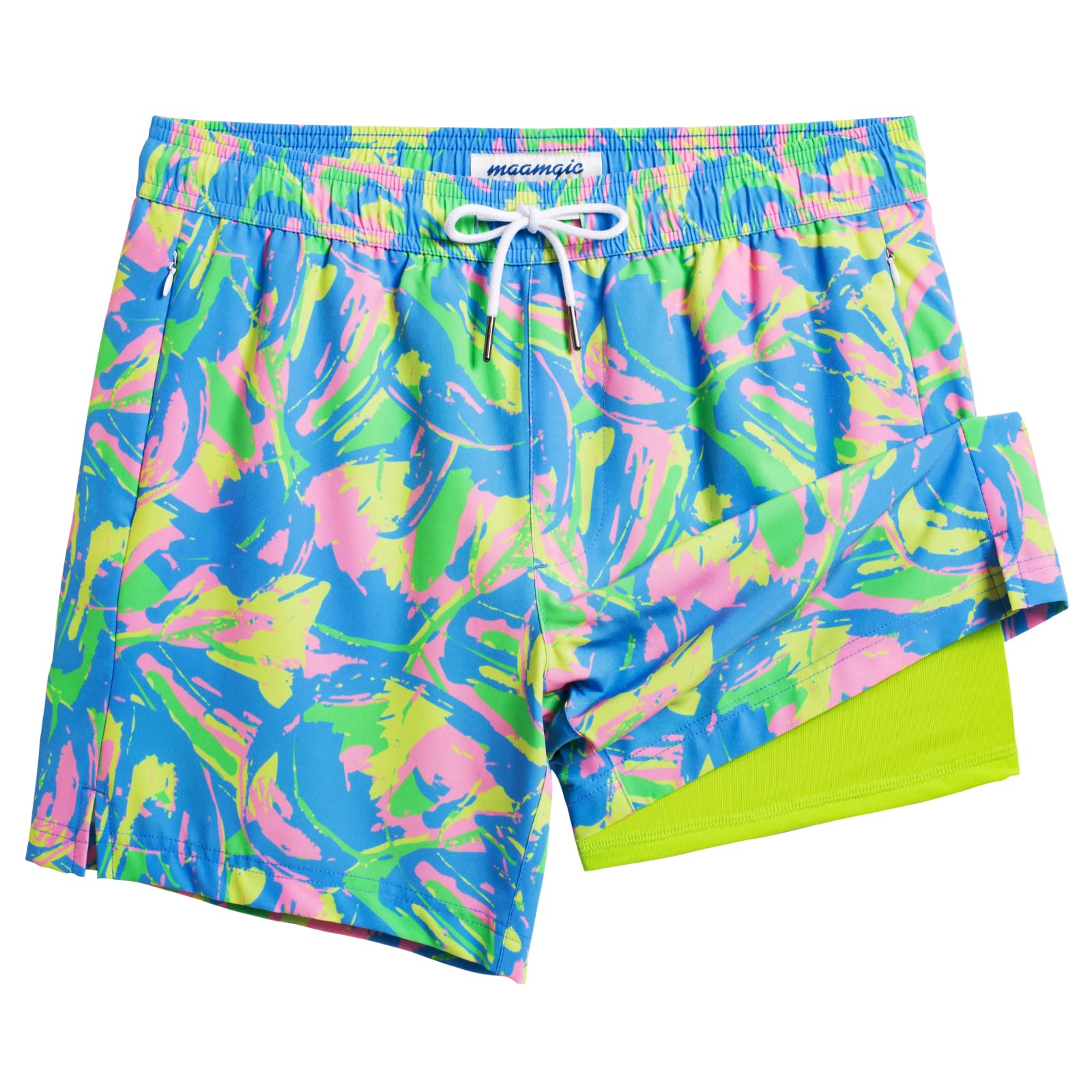 maamgic Mens Swim Trunks with Compression Liner 5" Stretch Beach Shorts Quick Dry with Zipper Pockets No-Chafing Board Shorts