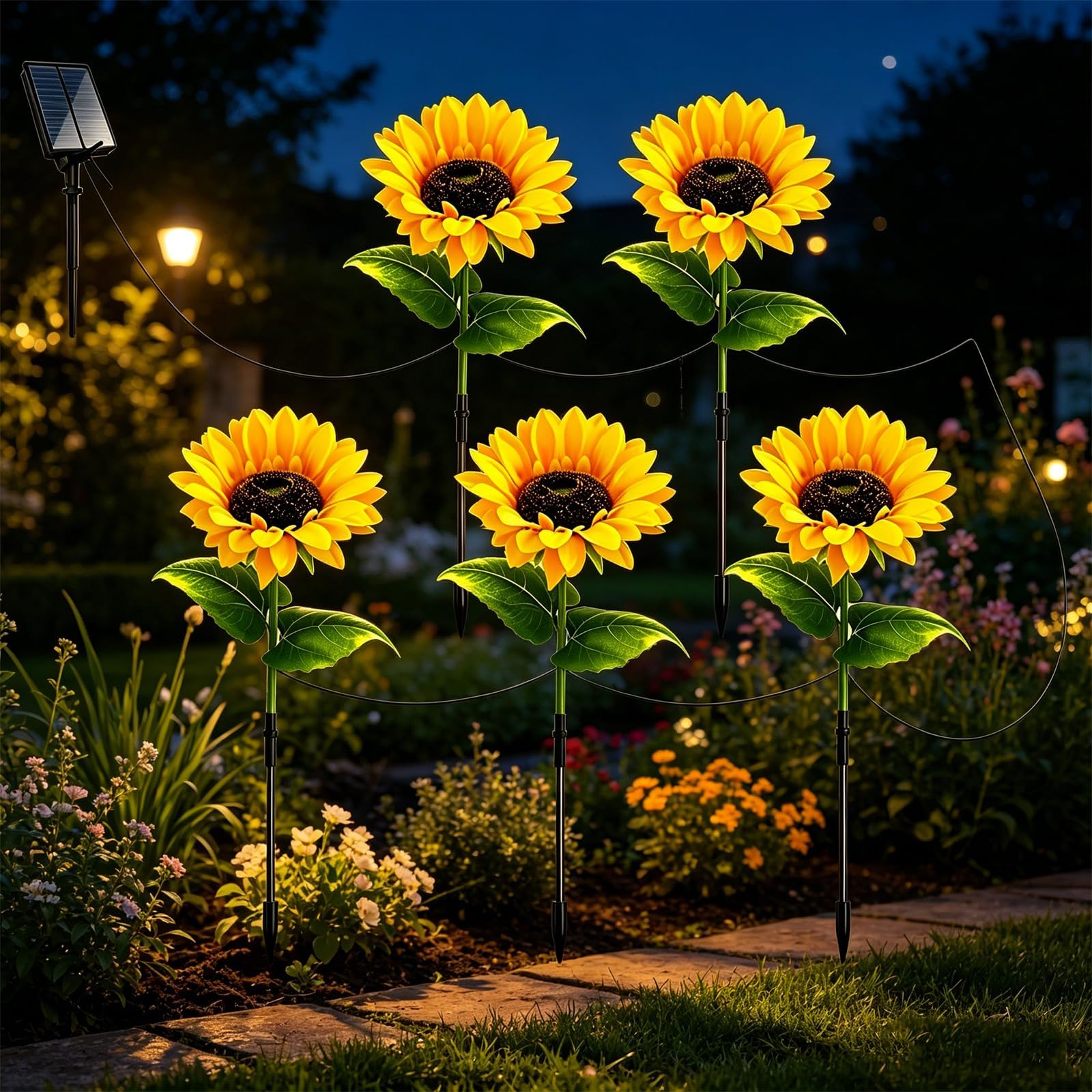 Girasoli ad energia solare per esterni, girasoli solari impermeabili per esterni, luci da giardino a forma di fiore, accensione e spegnimento automatico per giardino, cortile, patio (singolo (serie 5