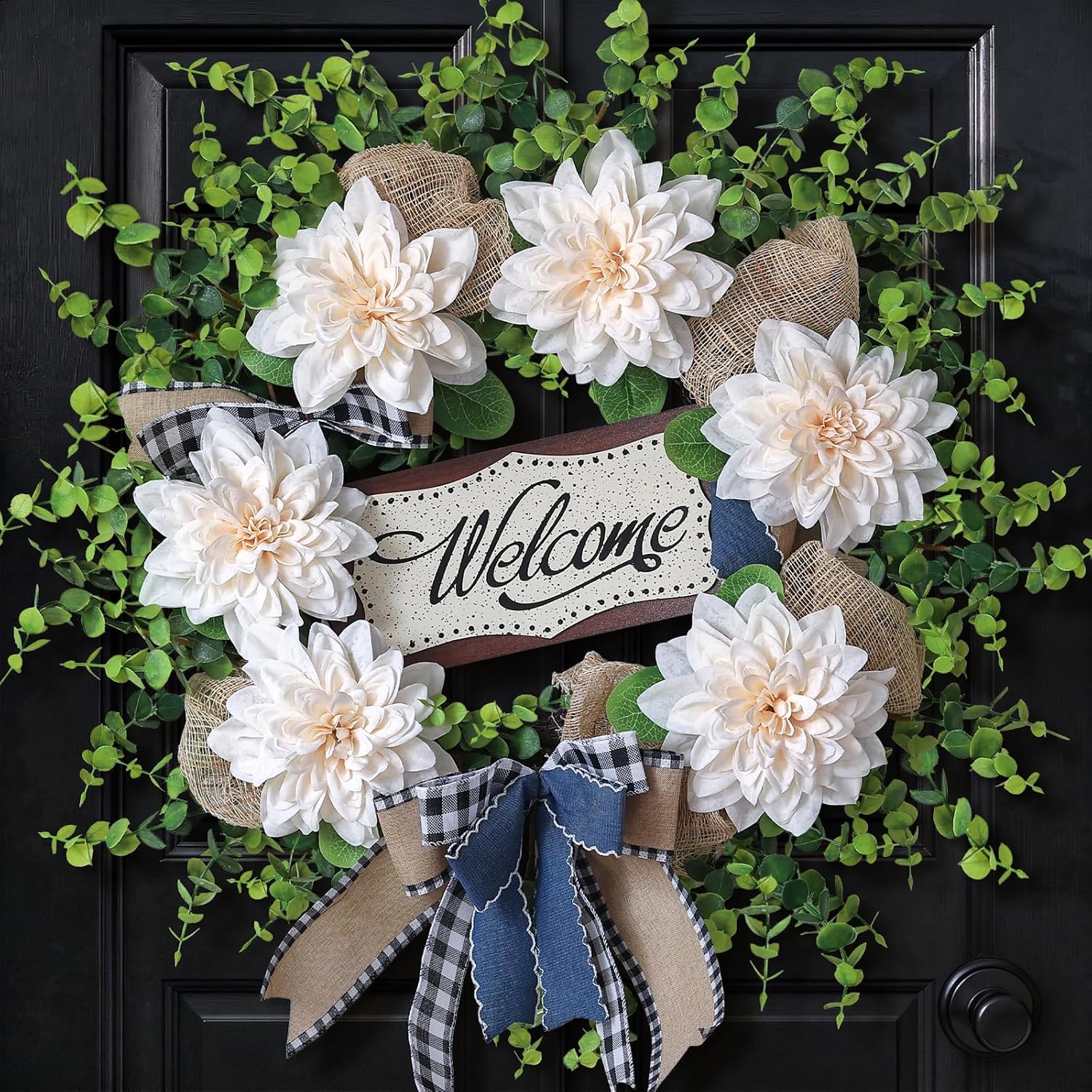 Artificial Flowers and Eucalyptus Wreath for Front Door – 24" Fake Dahlia Faux Eucalyptus with Blessed Sign, UV Resistant Greenery Plant Wreath for Home Wall Fireplace Farmhouse Decor