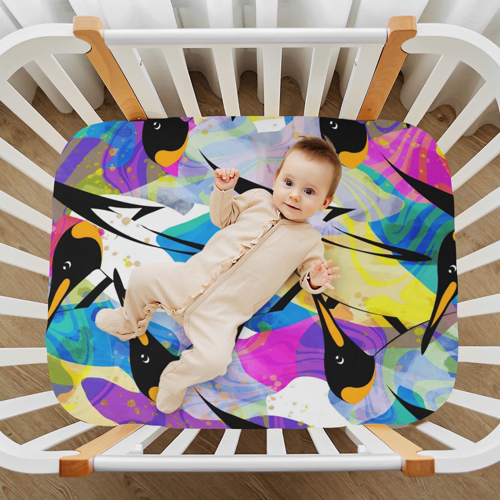 Spannbettlaken für Kinderbett, buntes Pinguin-Muster, weich, atmungsaktiv, pflegeleicht, Spannbetttuch für Babybett und Kinderbetten