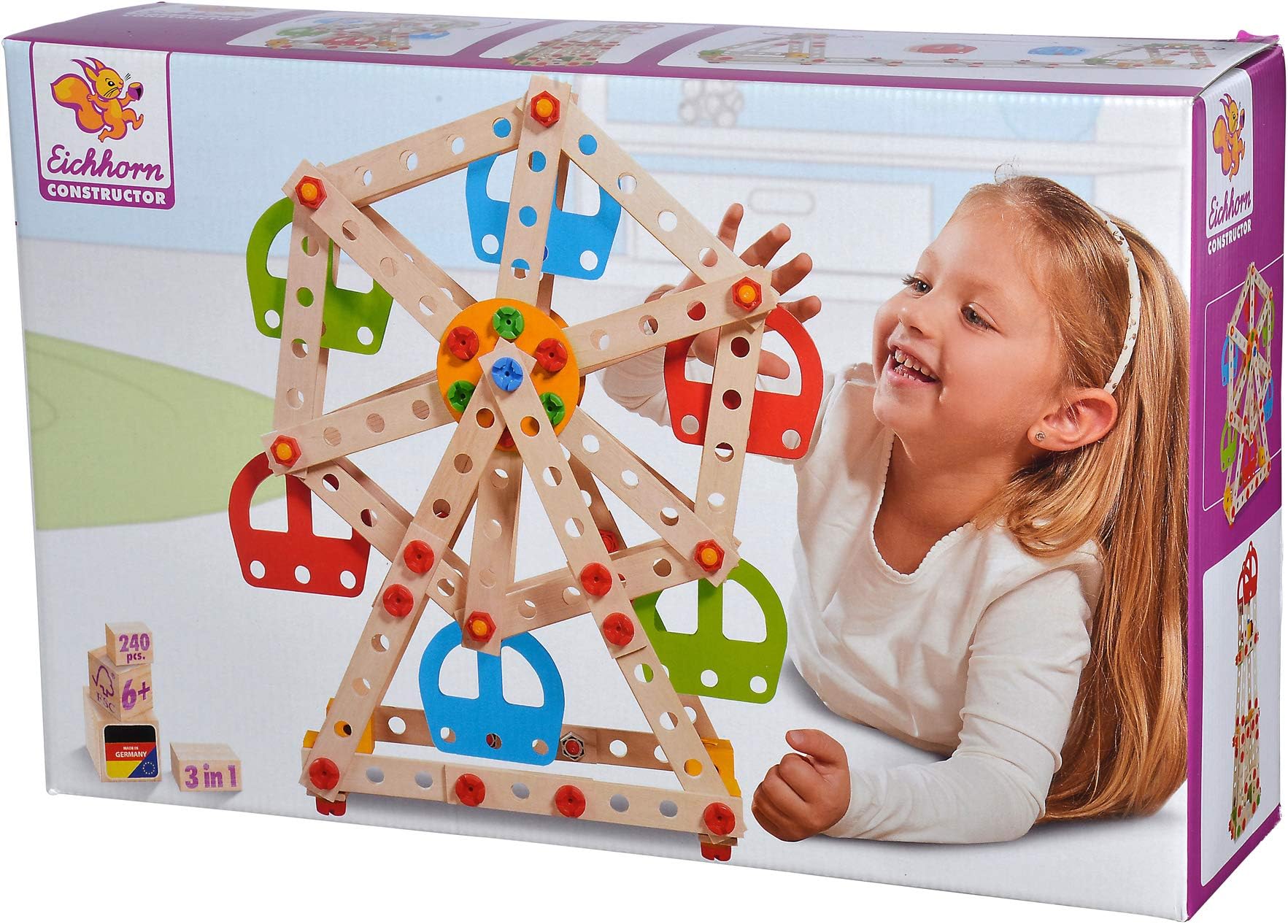 Eichhorn 100039099 3 Model variants: Ferris Wheel, Lighthouse, Cable car, 240 Pieces, FSC 100%, Beech Wood, Plastic, BSK 6J+ Made in Germany, Colourful