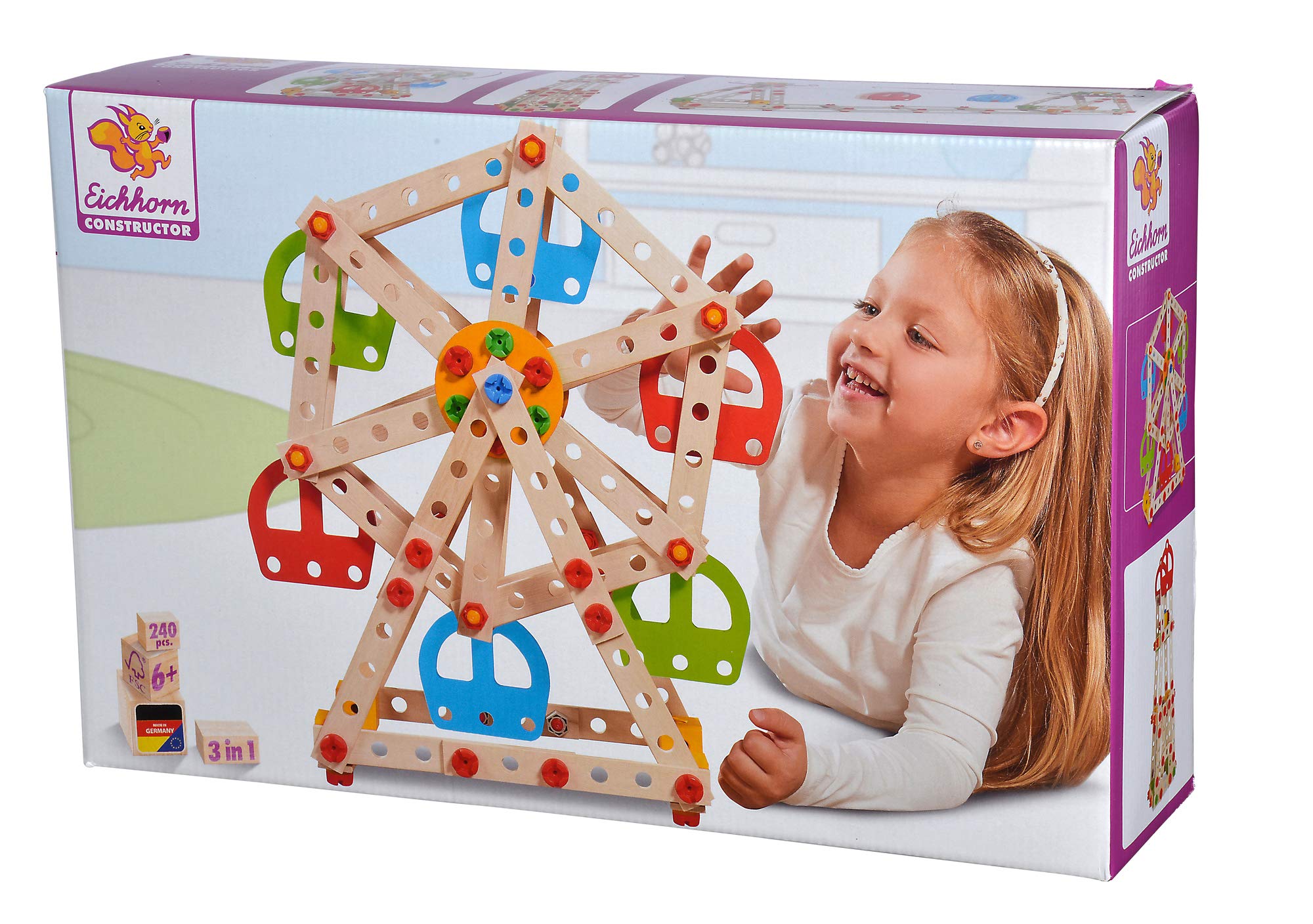 Eichhorn 100039099 3 Model variants: Ferris Wheel, Lighthouse, Cable car, 240 Pieces, FSC 100%, Beech Wood, Plastic, BSK 6J+ Made in Germany, Colourful