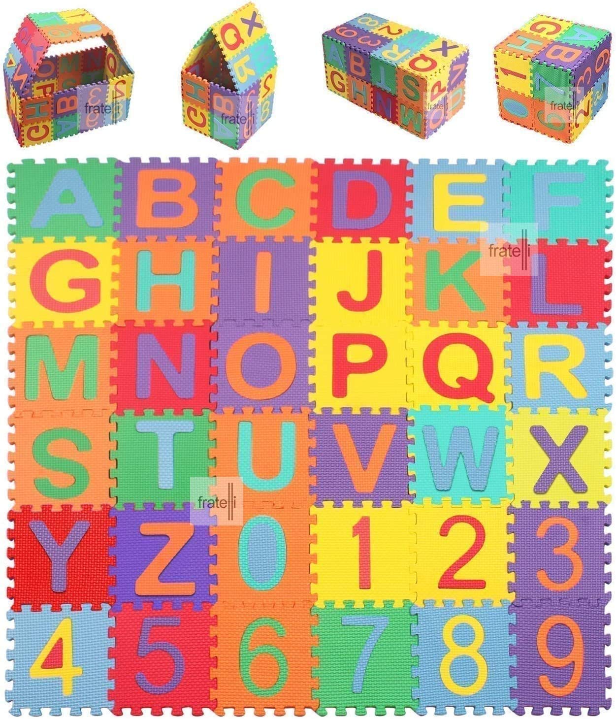 FRATELLI - EN71 Safety Approved Non-Toxic Soft Eva Foam Interlocking Puzzle Mats for Toddlers (36 Tiles of Size 14CMS X 14CMS Alphabet+Number)