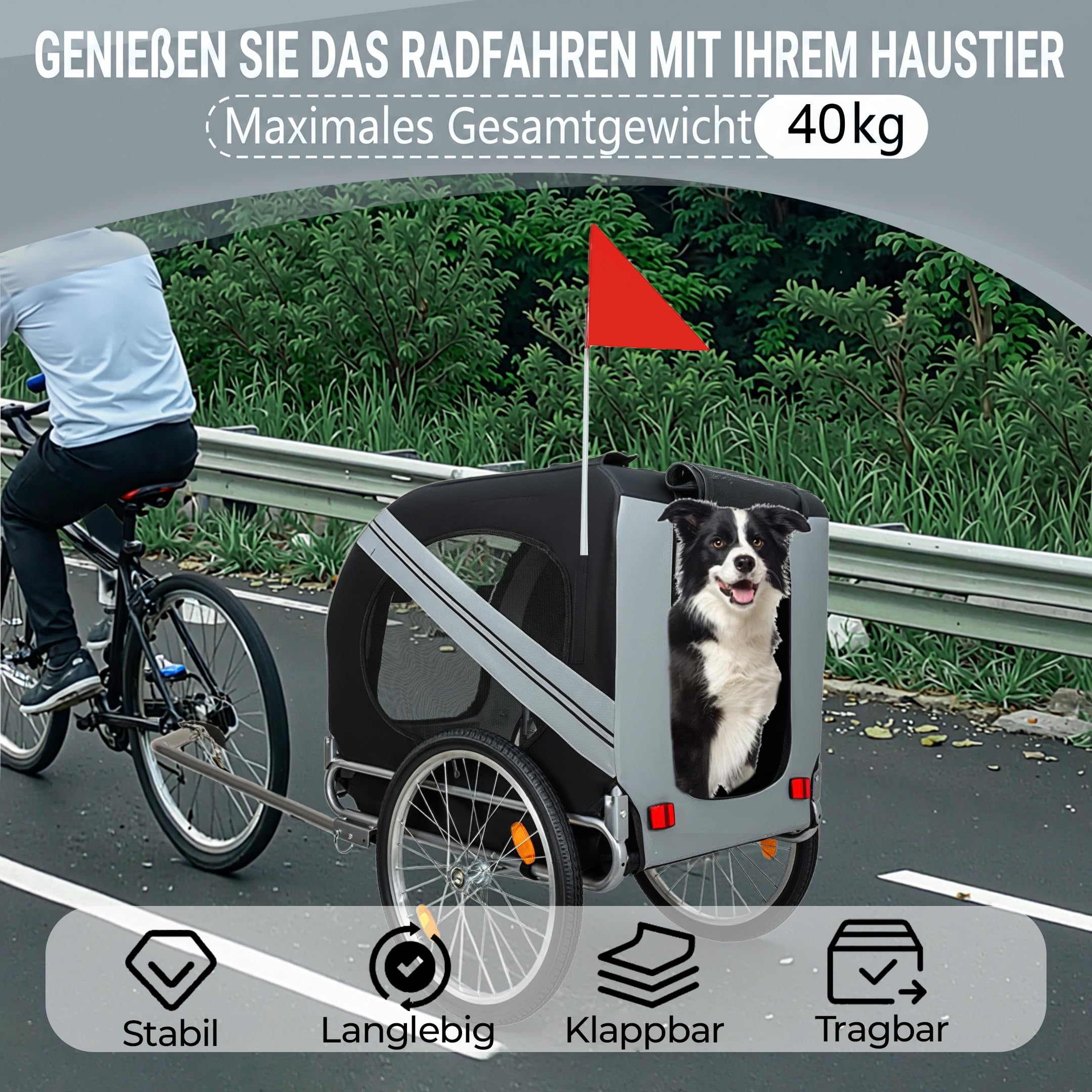 Hundeanhänger Fahrrad XL, Faltbarer Hundefahrradanhänger mit 20" Luftreifen, robuste Oxford Belüftungsfenster, Stabiler Fahrrad Anhänger mit Sicherheitsdrehkupplung, Grau