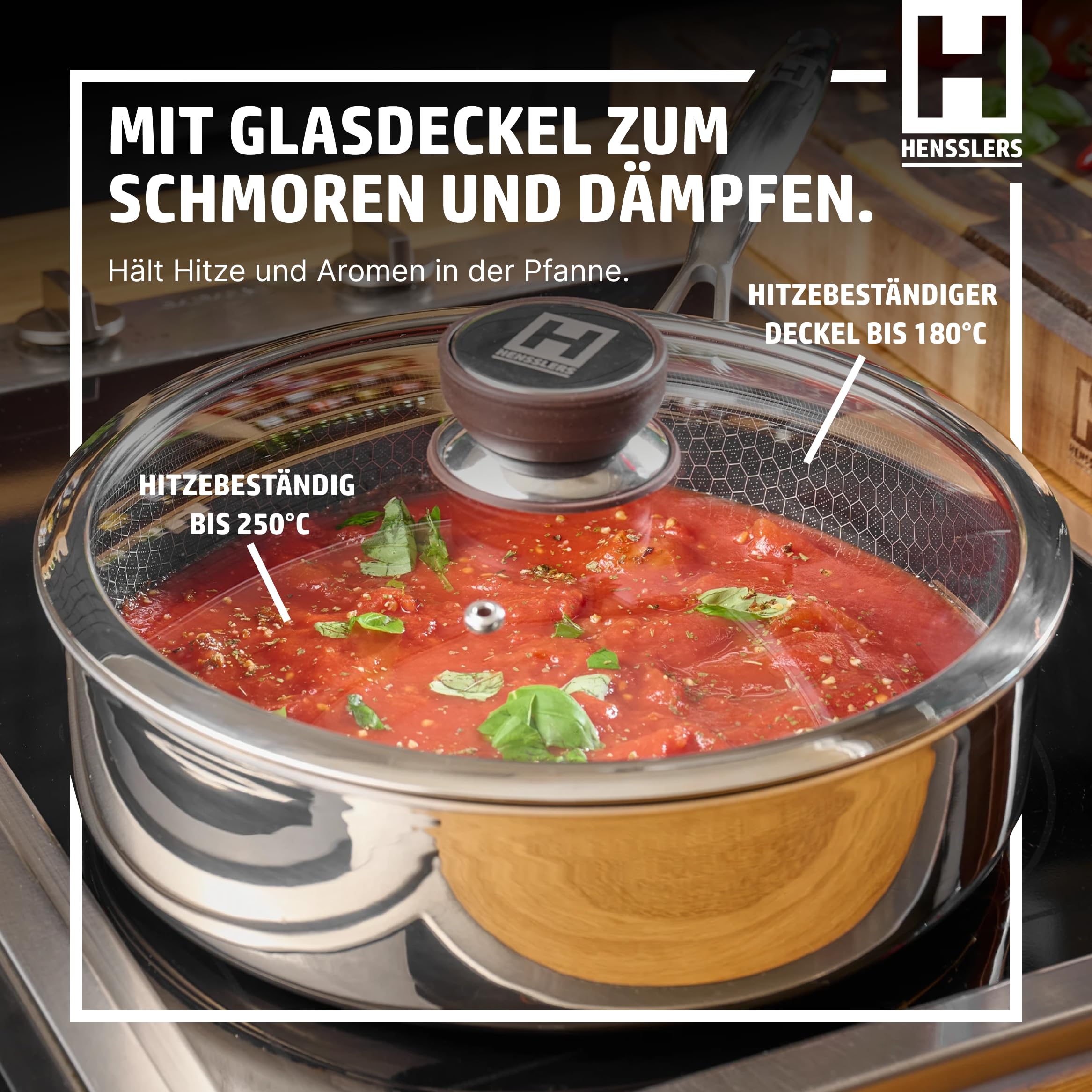 HENSSLERS® Sautepfanne 26cm mit Deckel [FÜR ALLE HERDARTEN INKL. INDUKTION] - Sauteuse Edelstahl - Pfanne Hoher Rand - Schmorpfanne mit Deckel für Induktion - Tiefe Pfanne mit Antihaftbeschichtung