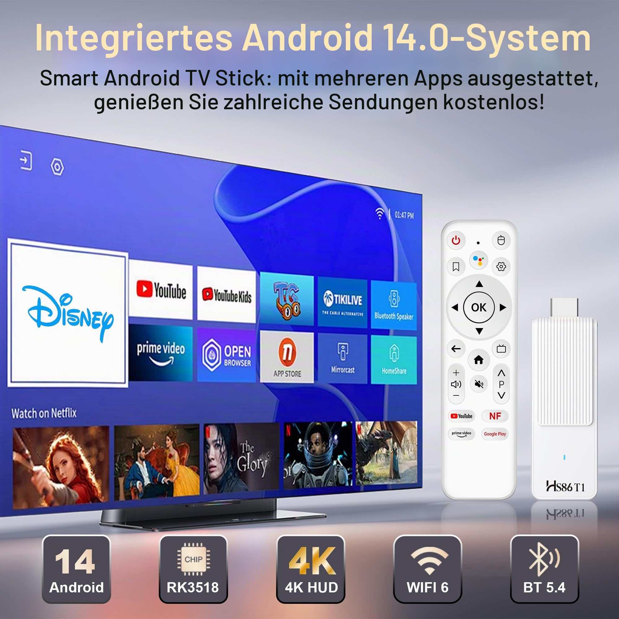 Android 14.0 TV Stick, mit 2GB RAM und 16GB ROM, angetrieben von RK3518 Quad-Core 32bit Cortex-A53 Chipset und Mali 450 MP2 GPU, unterstützt Dual-Band 2,4G/5G Wi-Fi, BT 5.4 und 4K Ultra HD