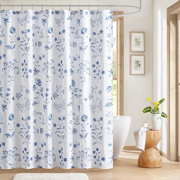 Martha Stewart Martha's Garden Shower Curtain Botanical Floral Print Cotton Shower Curtain for Bathroom, Spa Quality Modern Shower Curtains Standard Size, 72x72 Blue